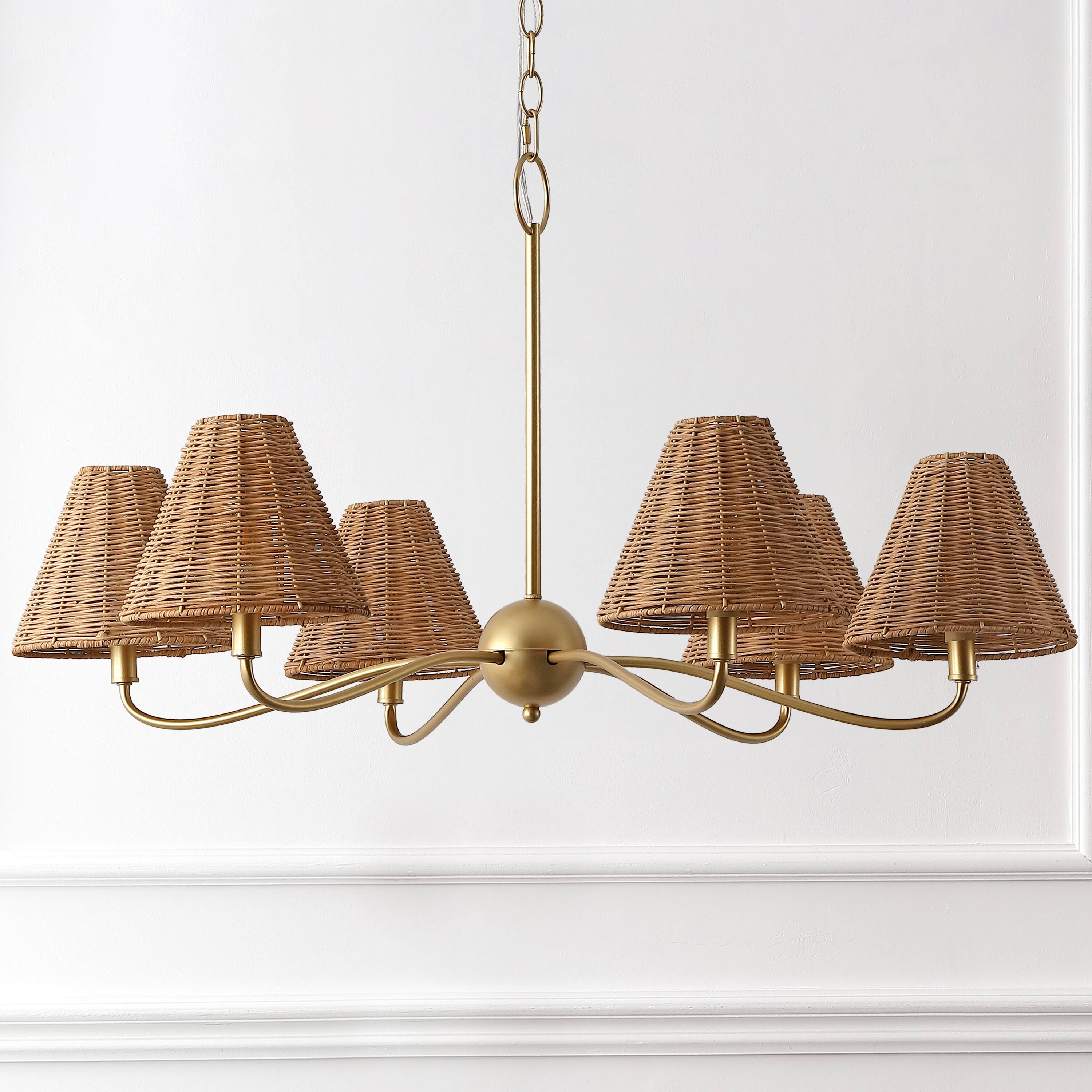 Alt View 5. Jonathan Y - Grady 35" 6-Light Adjustable Swooping Arm Metal with Hand-Woven Rattan Shades LED Chandelier, Gold Painting/Brown - Gold Painting.