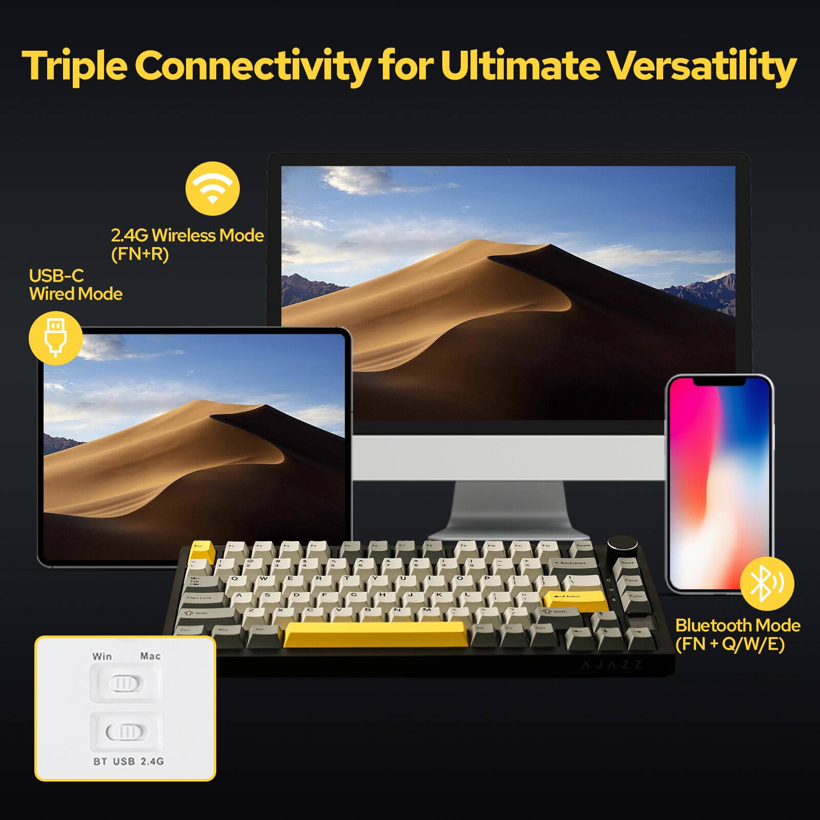 Triple Connectivity for Ultimate Versatility

2.4G Wireless Mode (FN+R)  
USB-C Wired Mode  
Bluetooth Mode (FN + Q/W/E)  

AJAZZ BT USB 2.4G  

Win Mac