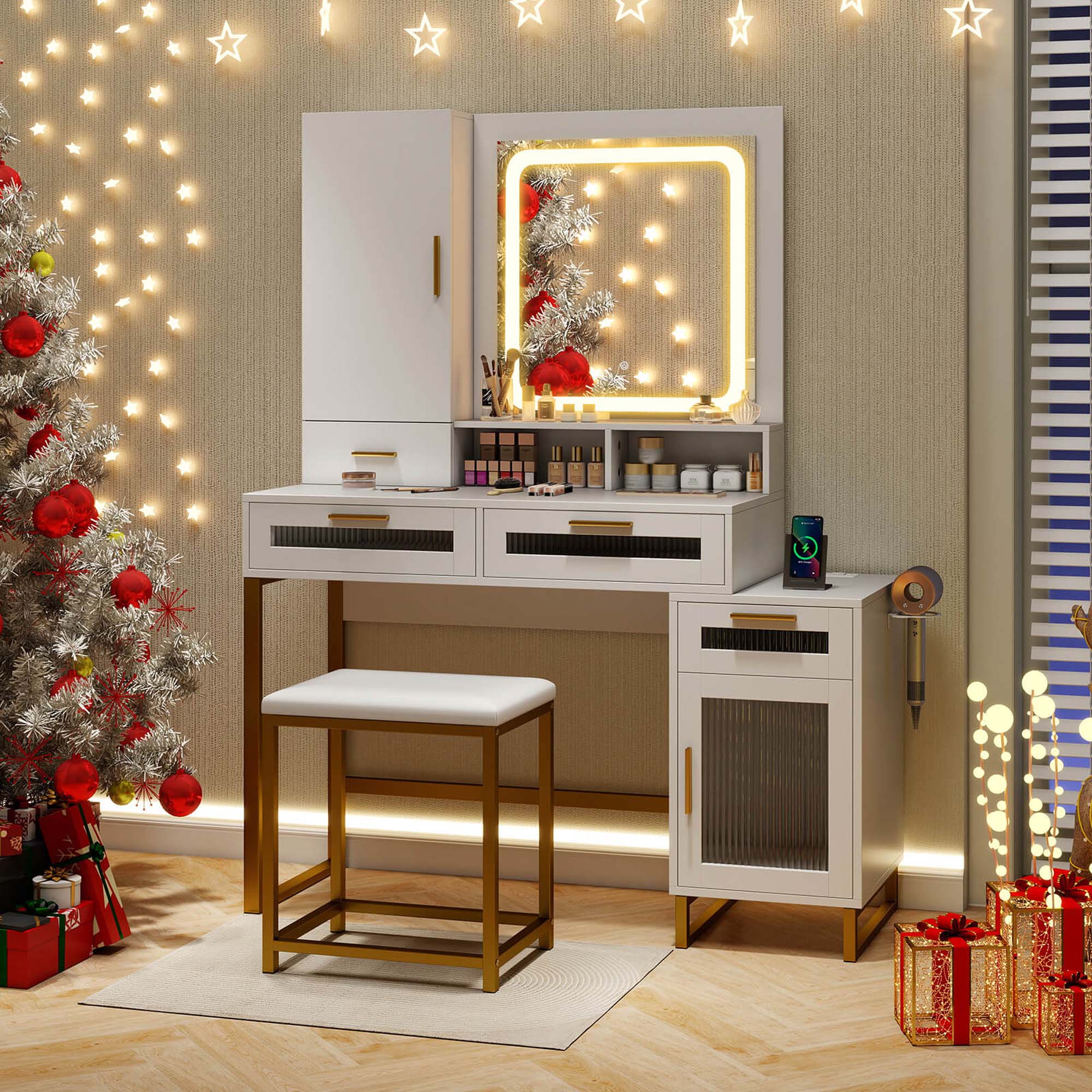 Alt View 4. Costway - Costway Modern Vanity Set with Mirror and Lights 3 Lighting Modes & Adjustable Brightness - White.