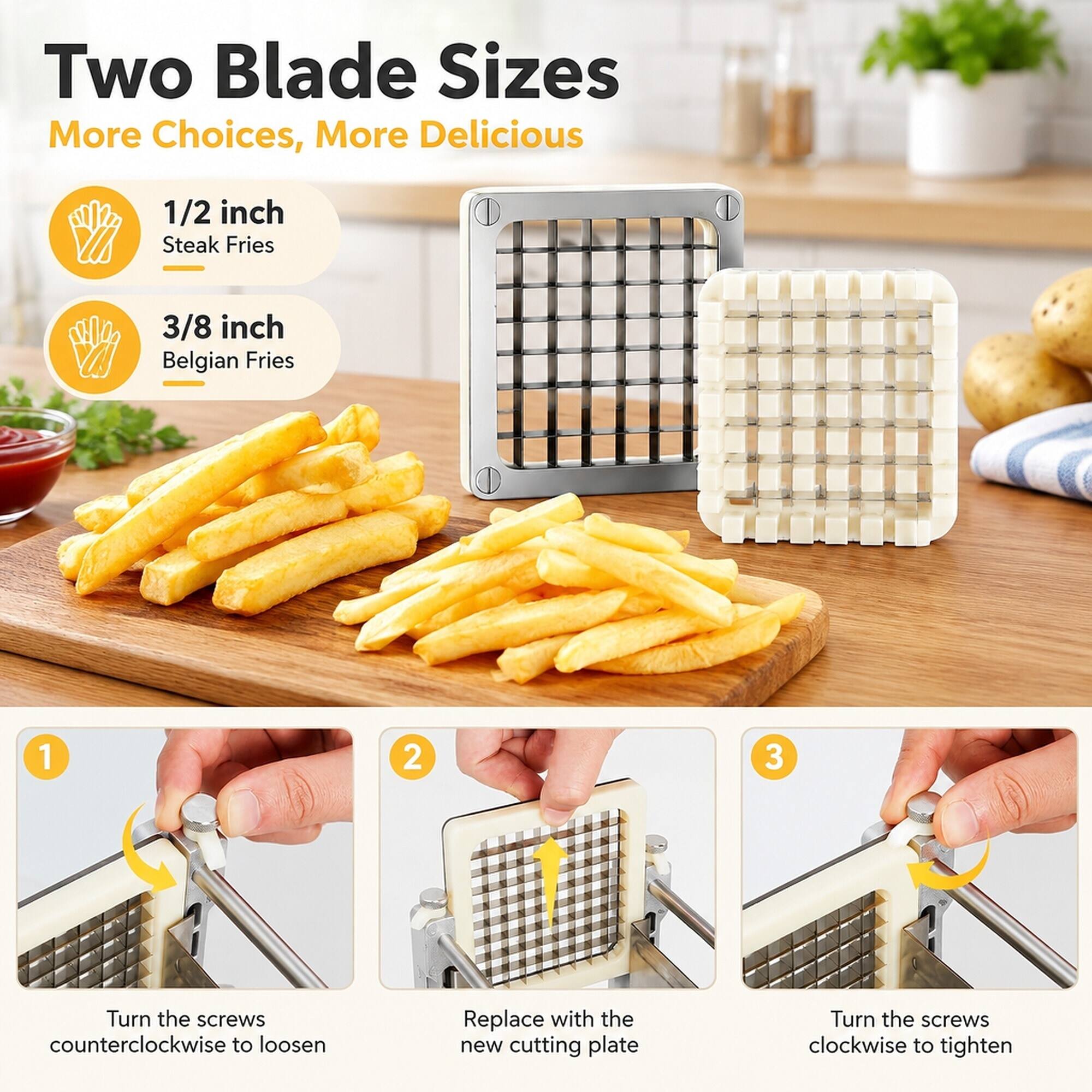 Two Blade Sizes  
More Choices, More Delicious

1/2 inch Steak Fries  
3/8 inch Belgian Fries

1. Turn the screws counterclockwise to loosen  
2. Replace with the new cutting plate  
3. Turn the screws clockwise to tighten