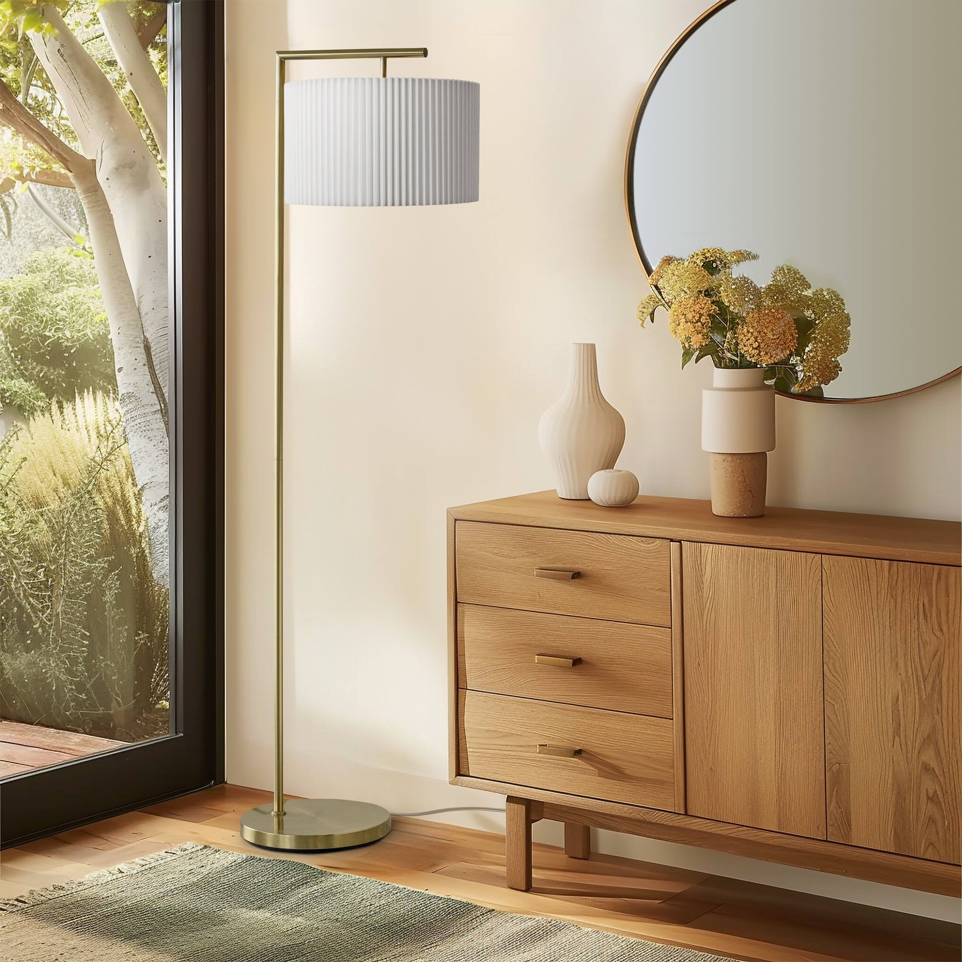 Alt View 2. Brightech - Montage Modern LED Midcentury Modern Arc Super Bright Floor Lamp with White Fabric Drum Shade - Antiqued Brass.