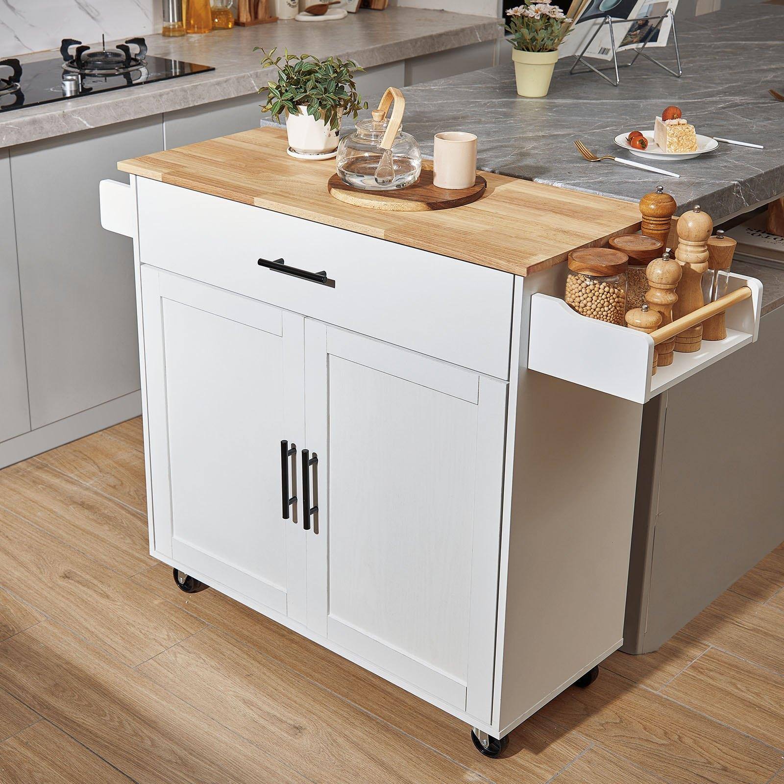 Alt View 1. Glintex - Kitchen Island Cart with Solid Wood Top, 35.4" Wide Mobile Storage Cabinet with Drop Leaf, Drawer, Spice and Towel Rack - White.