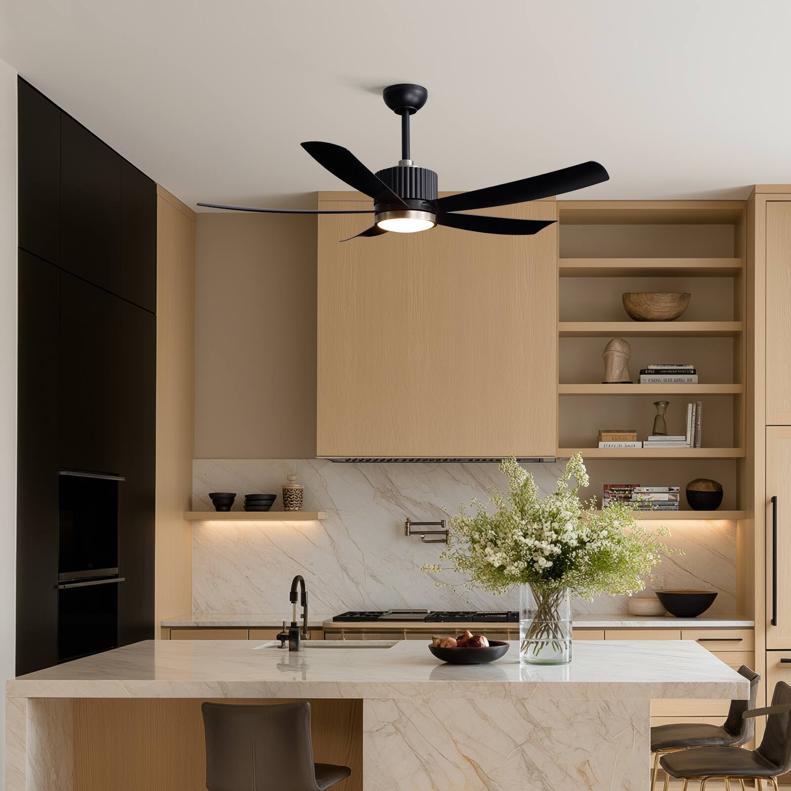 Alt View 5. Siljoy - 52" Modern Black Ceiling Fan with Light, 5-Blade DC Fan with Remote/App - BLACK.