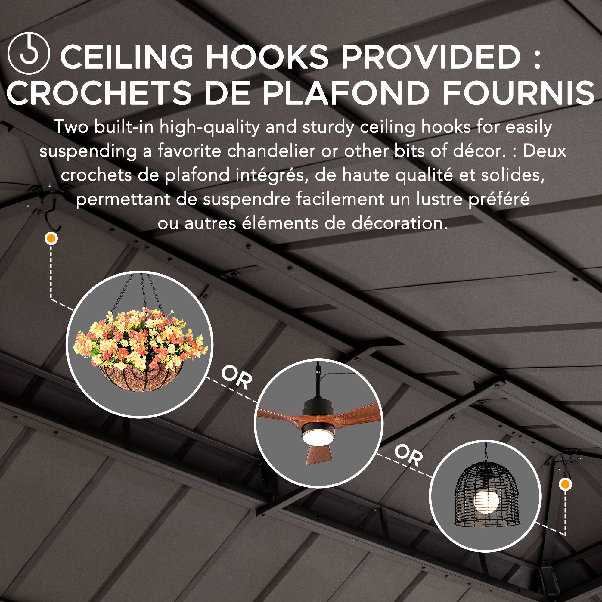 CEILING HOOKS PROVIDED : CROCHETS DE PLAFOND FOURNIS

Two built-in high-quality and sturdy ceiling hooks for easily suspending a favorite chandelier or other bits of décor. : Deux crochets de plafond intégrés, de haute qualité et solides, permettant de suspendre facilement un lustre préféré ou autres éléments de décoration.