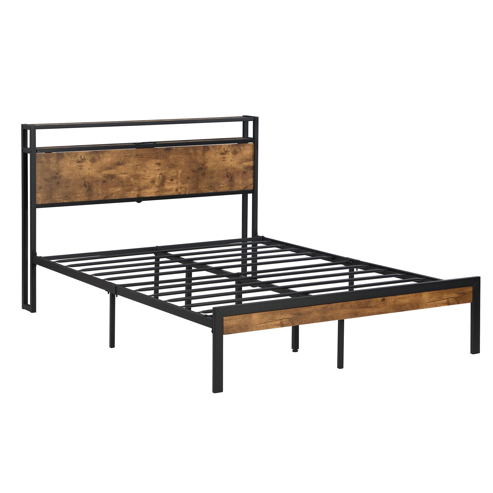 Left. Trinkets Crazed - Queen Size Metal Platform Bed Frame with Wooden Headboard and Footboard with USB Liner, No Box Spring Needed - Black.