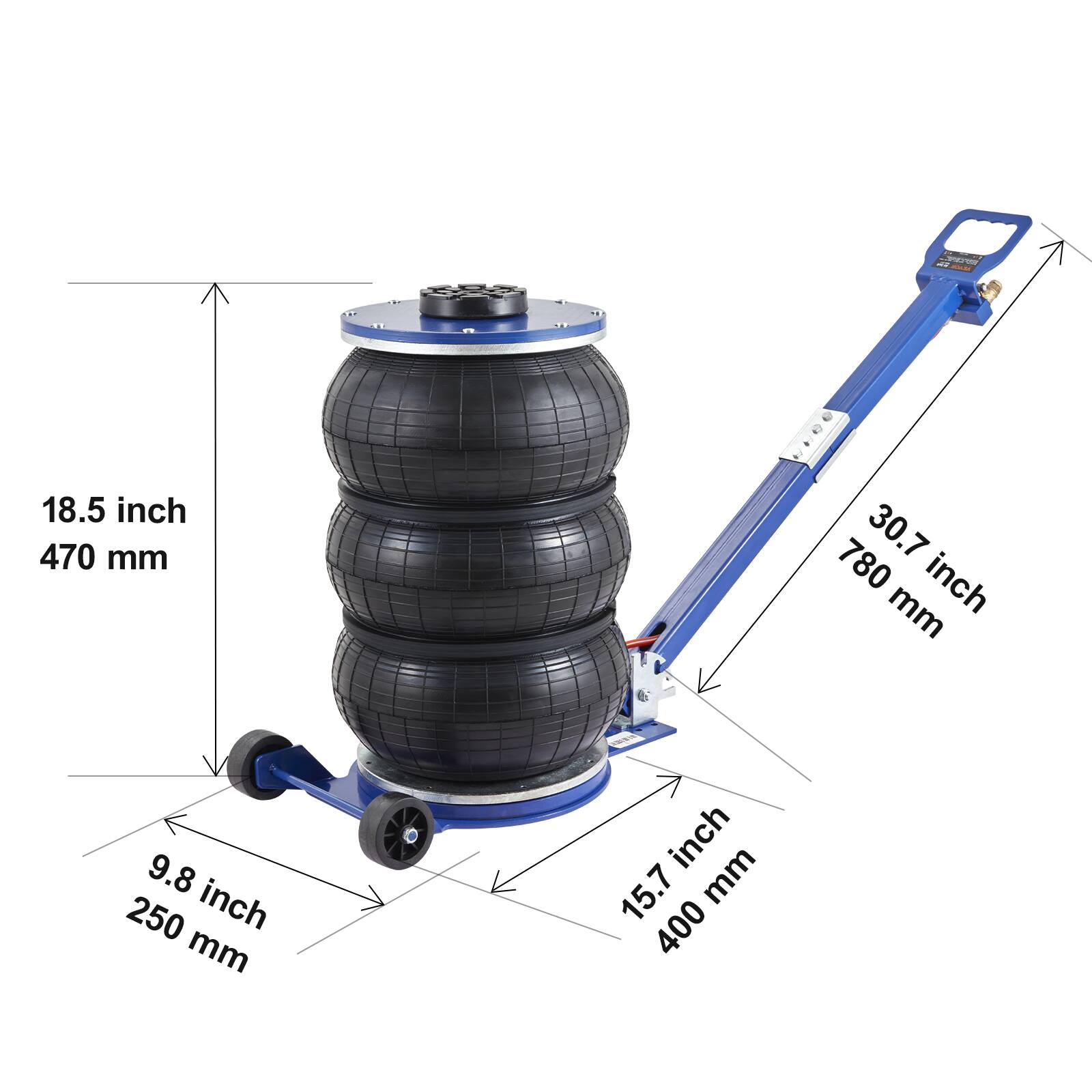 - 18.5 inch / 470 mm
- 30.7 inch / 780 mm
- 9.8 inch / 250 mm
- 15.7 inch / 400 mm