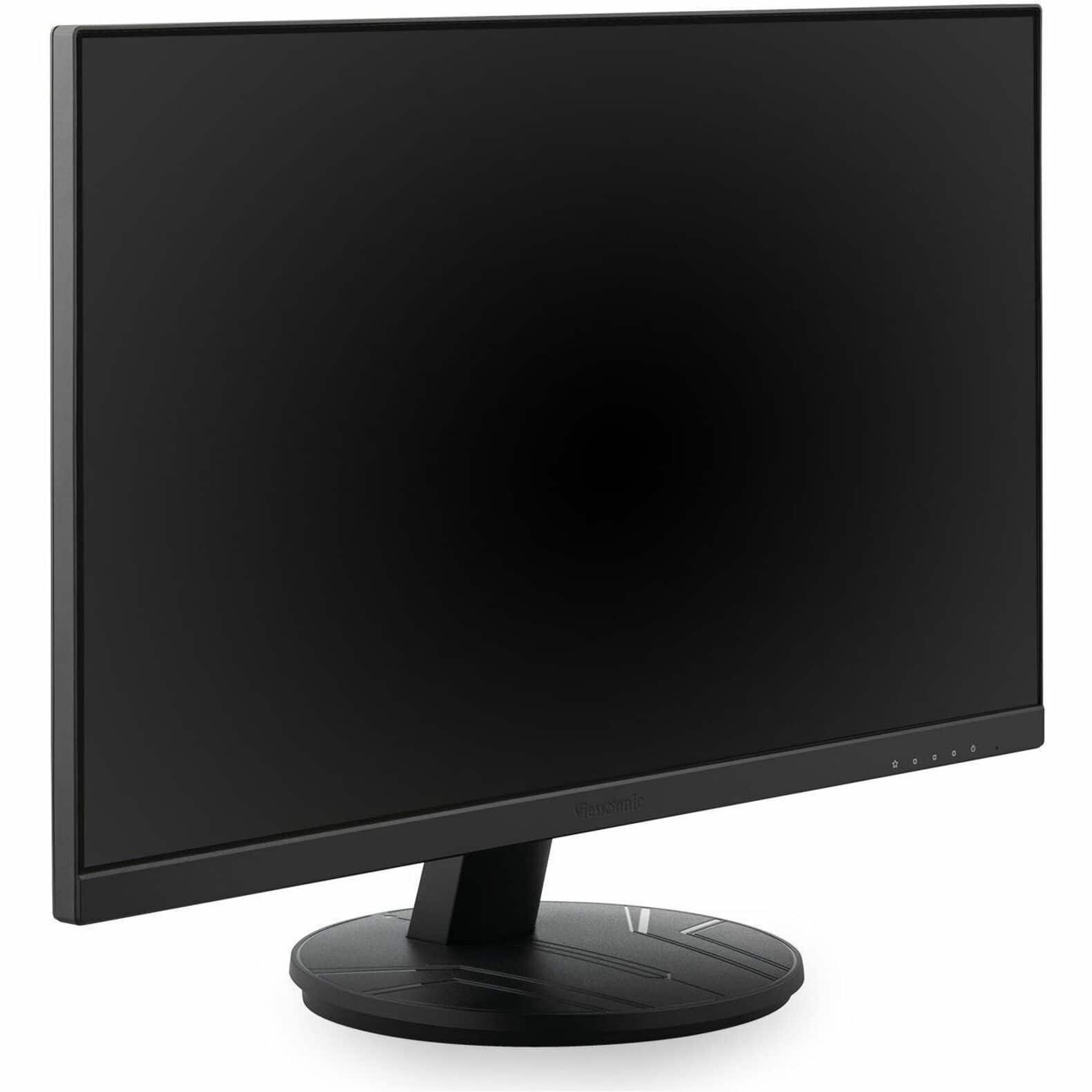 The image shows a black computer monitor sitting on a black stand. The monitor is turned off, and the screen is black. The stand is positioned on a white background, which helps to emphasize the contrast between the black monitor and the black stand.