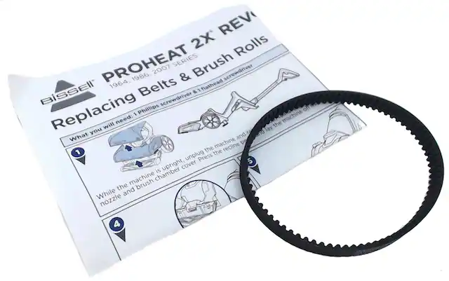 Sure, here is the corrected and grouped text from the image:
---
**Bissell**
**PROHEAT 2X REV**
**1964, 1986, 2007 SERIES**
**Replacing Belts & Brush Rolls**
**What you will need:**
- 1 Phillips screwdriver
- 1 flathead screwdriver
**1.** While the machine is upright, unplug the machine and lay it on its side.
**2.** Press the recline pedal and remove the chamber cover.
**3.** Remove the nozzle and brush.
**4.** Replace the brush rolls.
**5.** Reassemble the machine and plug it back in.
---