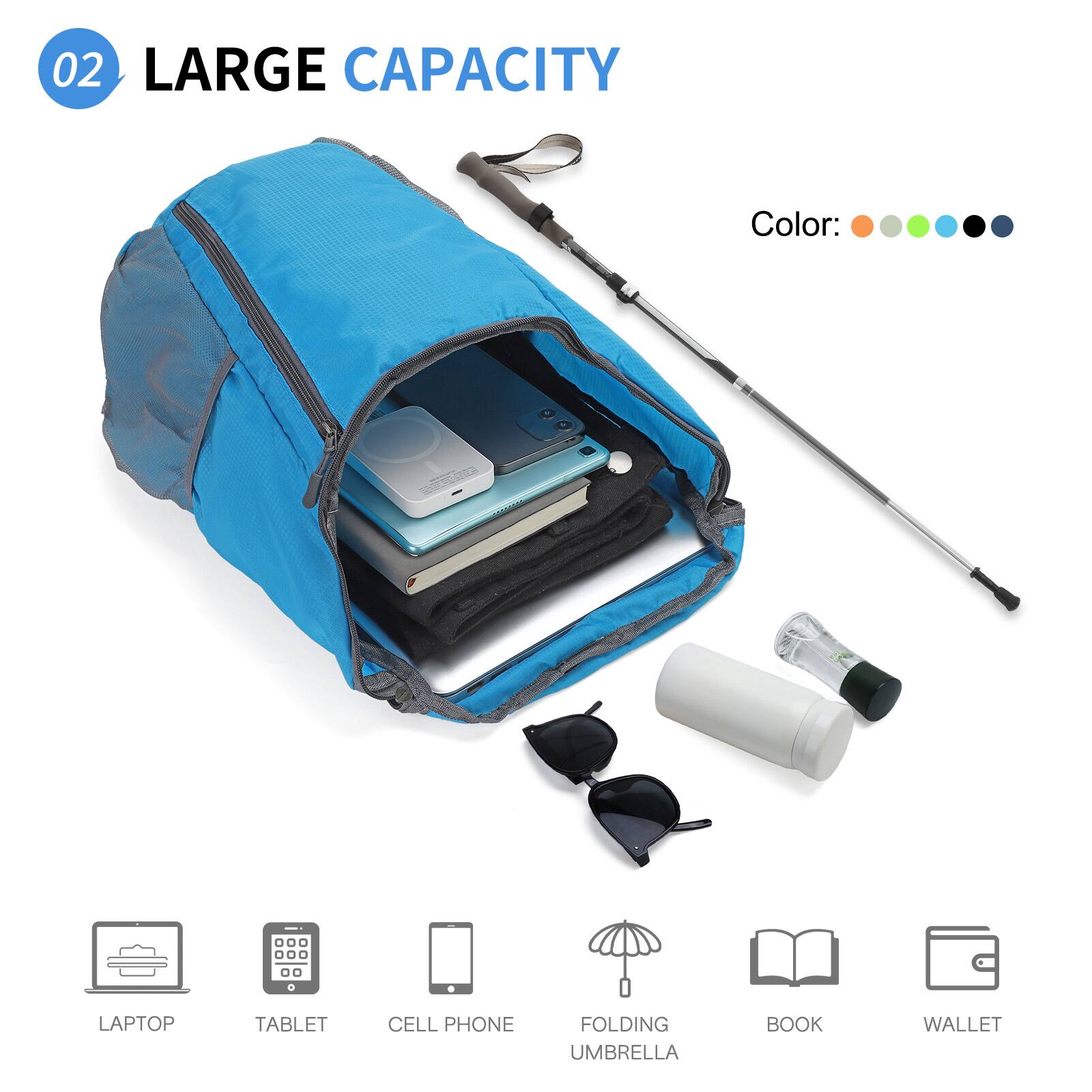 02 LARGE CAPACITY

Color: [Orange, Green, Blue, Black]

LAPTOP  
TABLET  
CELL PHONE  
FOLDING UMBRELLA  
BOOK  
WALLET