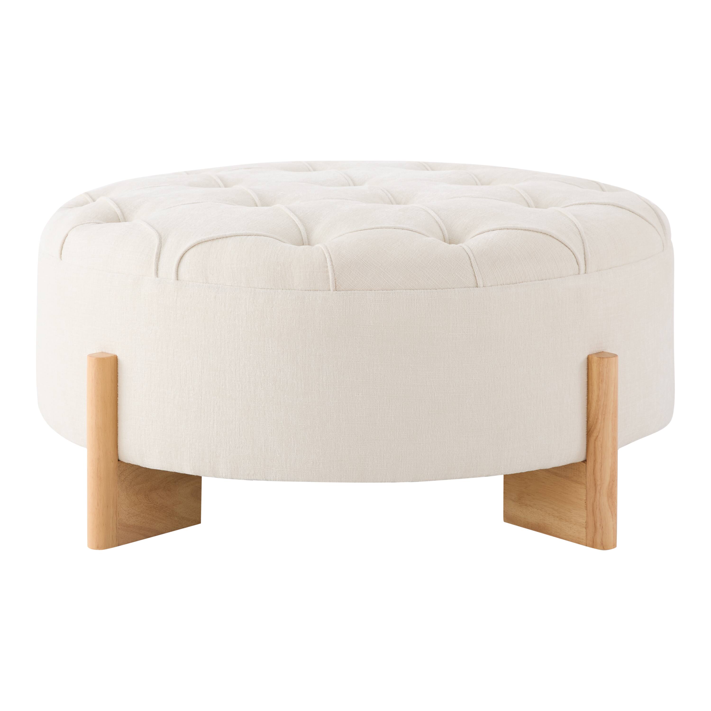 Back. Whisen - 32" Round Tufted Ottoman Coffee Table Chenille Fabric Footrest for Living Room - Beige.