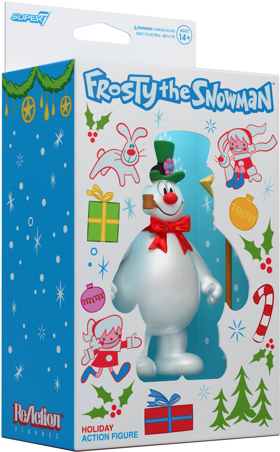 SUPER 7  
WARNING: CHOKING HAZARD - ADULT COLLECTIBLE - NOT A TOY  
AGES 14+  

Frosty the Snowman  

ReAction Figures  
HOLIDAY ACTION FIGURE