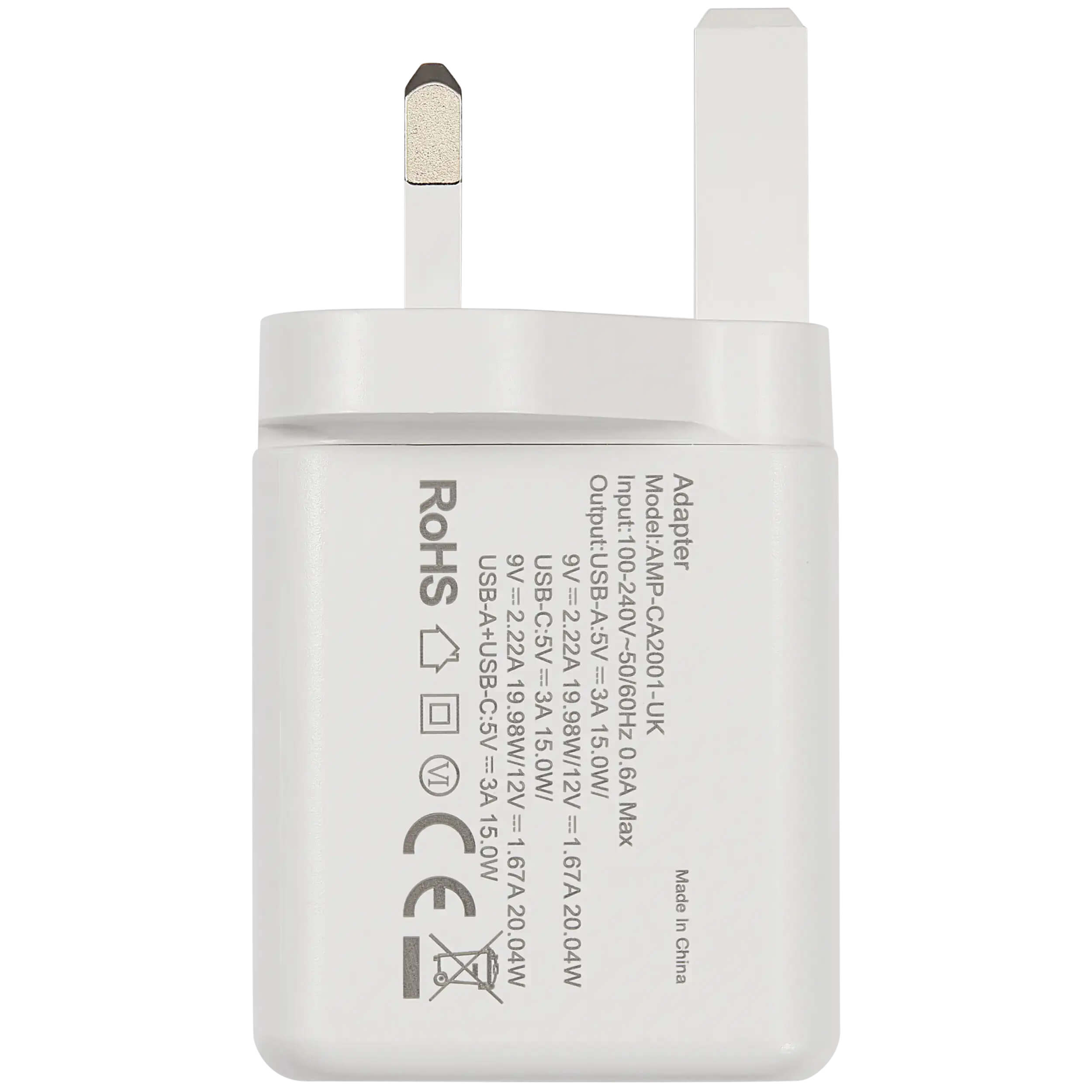 Adapter RoHS  
Input: 100-240V~50/60Hz  
Output: USB-A: 5V, USB-A+USB-C: 5V/3A (2.22A), USB-C: 5V/2.22A  
Model: AMP-CA2001-UK  
19.98W/12V, 15.0W  
Max 15.0W, 1.67A  
Made in China