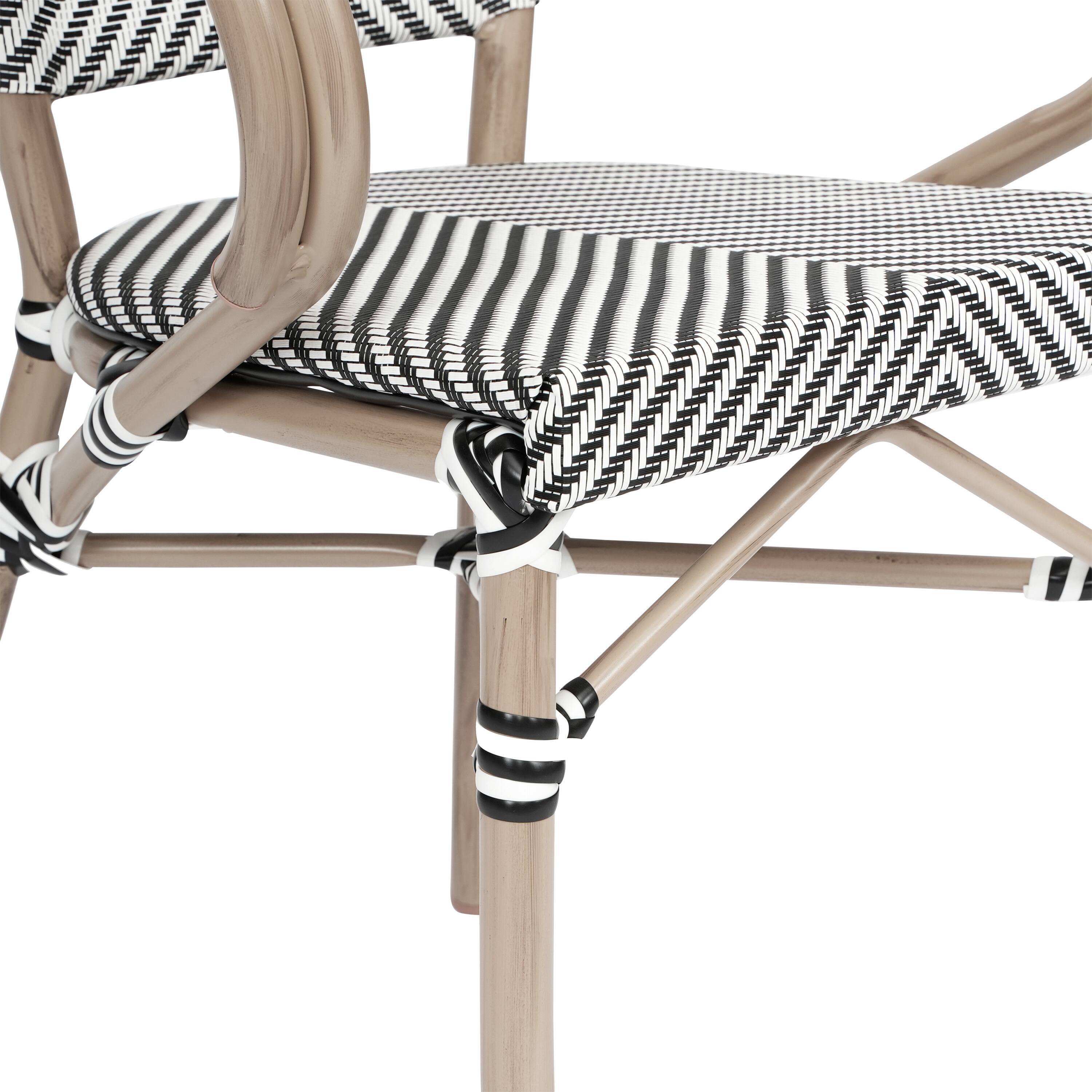 Alt View 9. Emma + Oliver - Massalia Indoor/Outdoor Stacking Thonet Bistro Style Chair with Arms, Textilene Seat and Bamboo Finished Metal Frame - Black & White/Light Natural Frame.