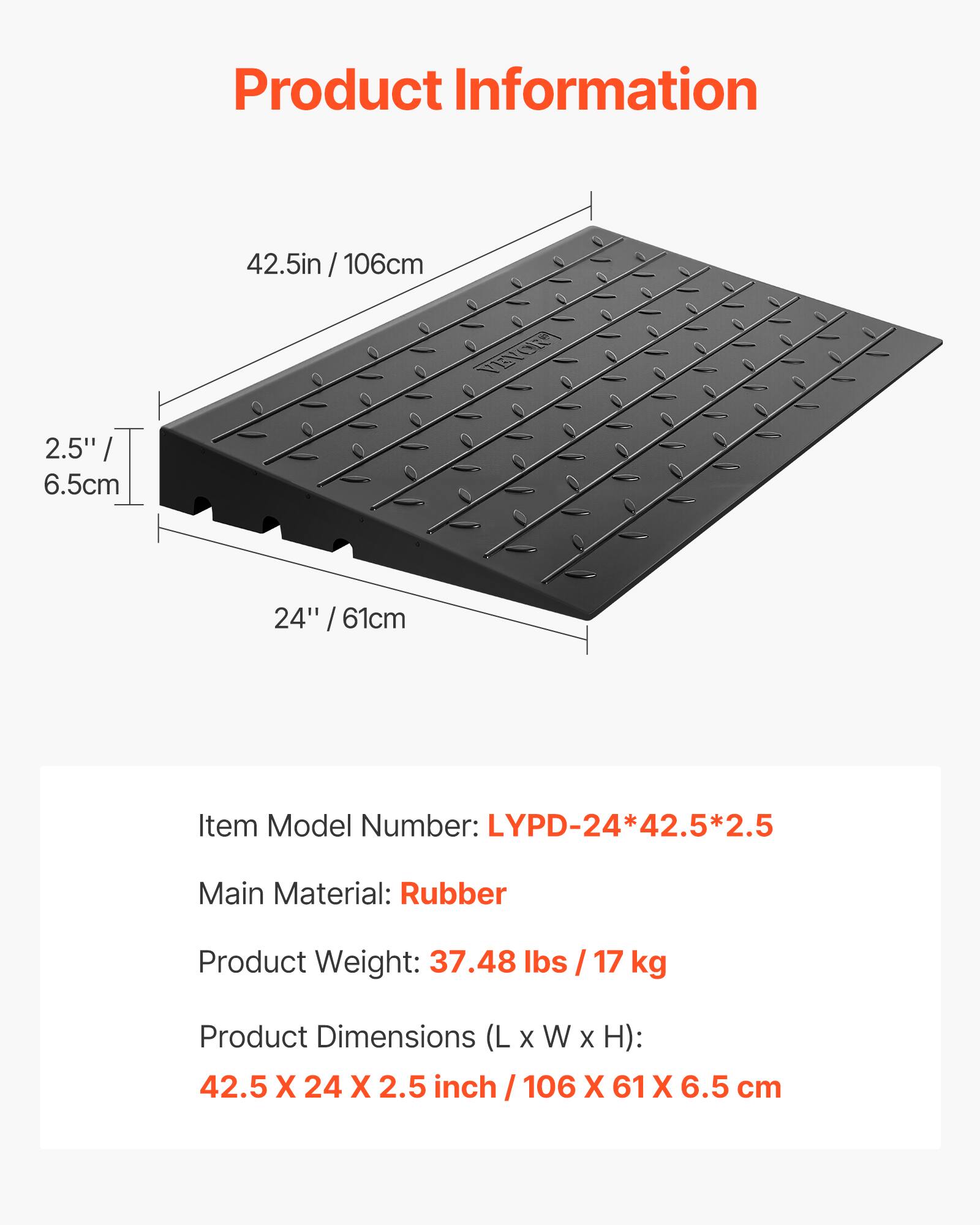 Product Information

42.5in / 106cm  
2.5" / 6.5cm  
24" / 61cm  

Item Model Number: LYPD-24*42.5*2.5  
Main Material: Rubber  
Product Weight: 37.48 lbs / 17 kg  
Product Dimensions (L x W x H): 42.5 X 24 X 2.5 inch / 106 X 61 X 6.5 cm