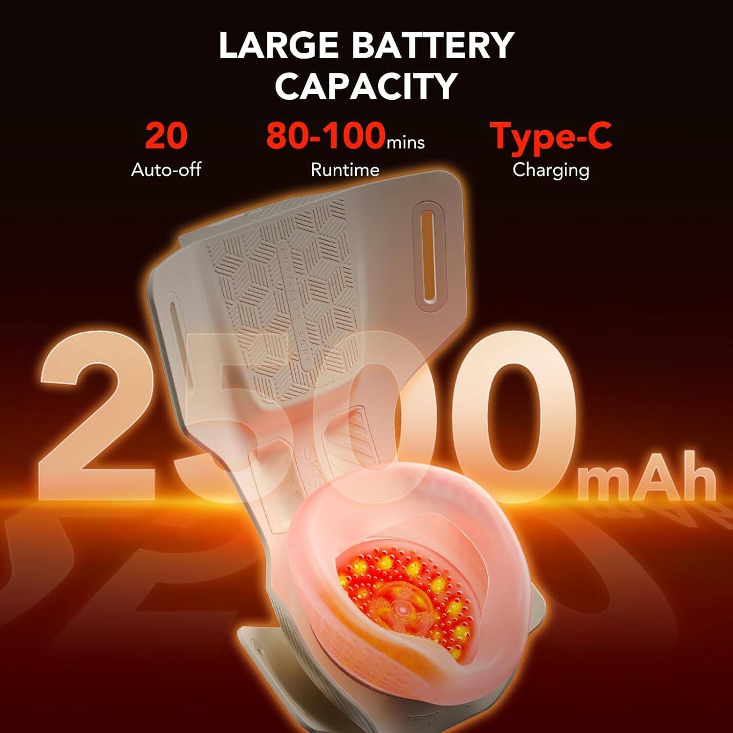 LARGE BATTERY CAPACITY  
2000 mAh  
20 mins Auto-off  
80-100 mins Runtime  
Type-C Charging