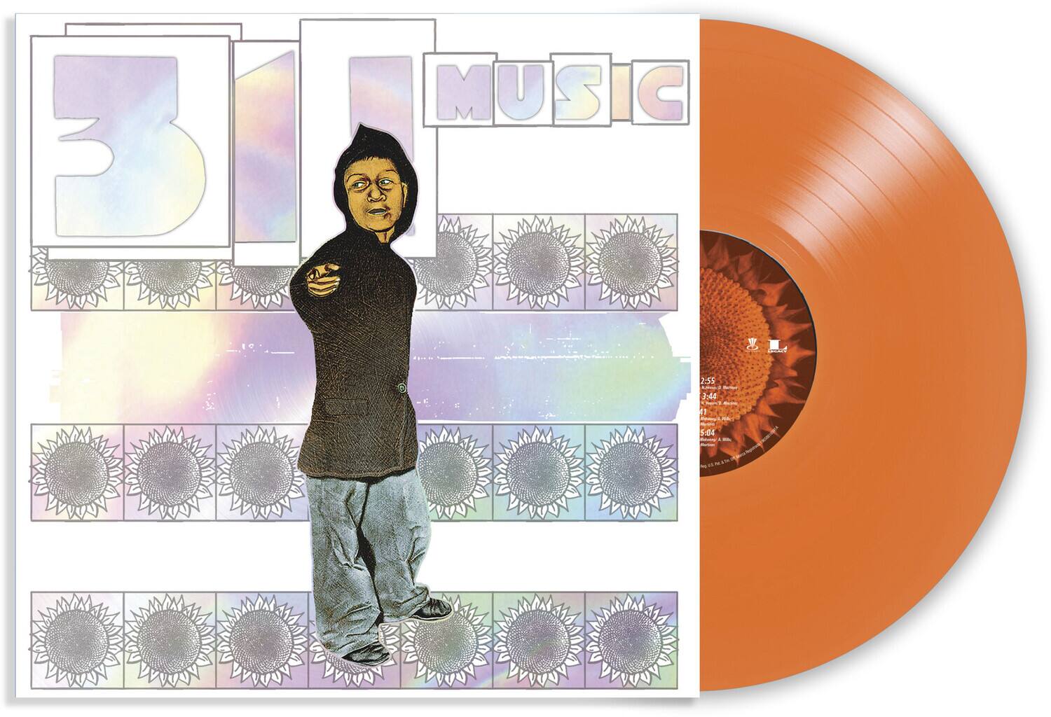 Sure, here is the corrected and grouped text:

**Album Cover:**
- 31 MUSIC

**Vinyl Label:**
- 2:55
- 1:44
- 1
- 5:04

**Additional Text on Vinyl:**
- (Text is too small to read clearly, but it appears to be standard vinyl label information including track titles and possibly artist or album name.)