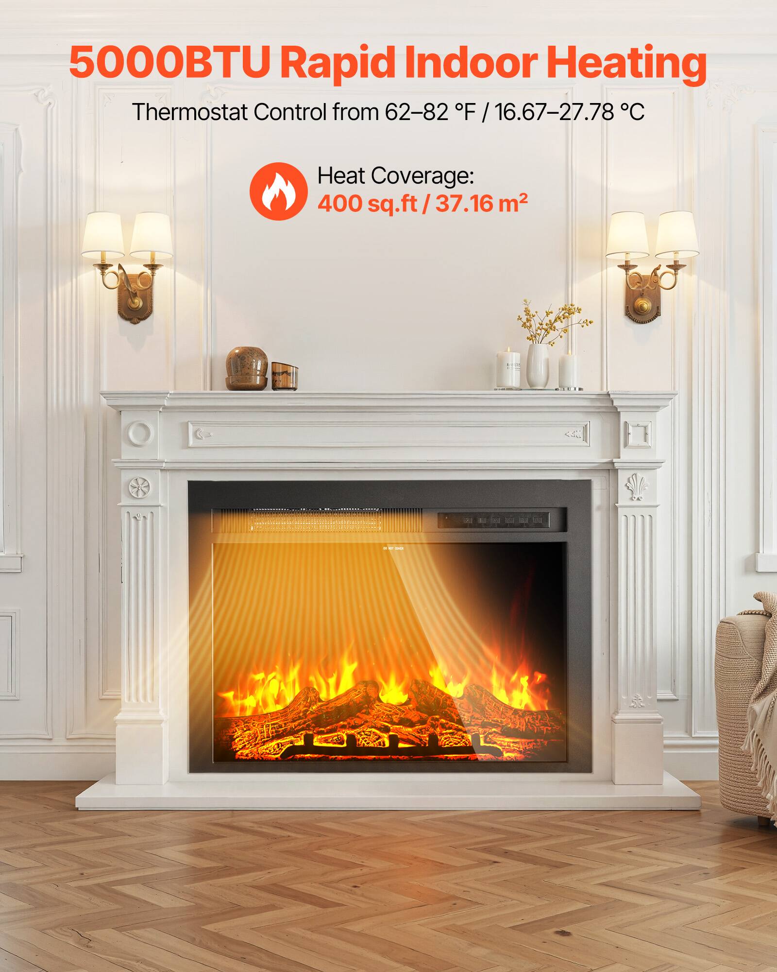 5000BTU Rapid Indoor Heating  
Thermostat Control from 62-82°F / 16.67-27.78°C  
Heat Coverage: 400 sq.ft / 37.16 m²