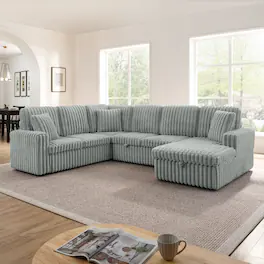 Ropilly - U Shaped Sectional Sofa, Corduroy Upholstered Pull Out Sofa Bed with Storage Chaise, Grey - Gray