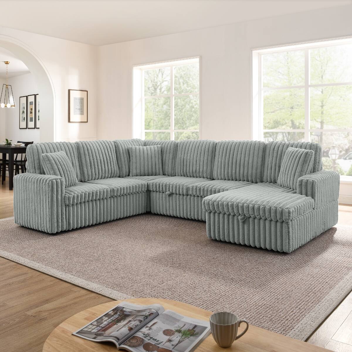 Front. Ropilly - Ropilly U Shaped Sectional Sofa, Corduroy Upholstered Pull Out Sofa Bed with Storage Chaise, Grey - Grey.