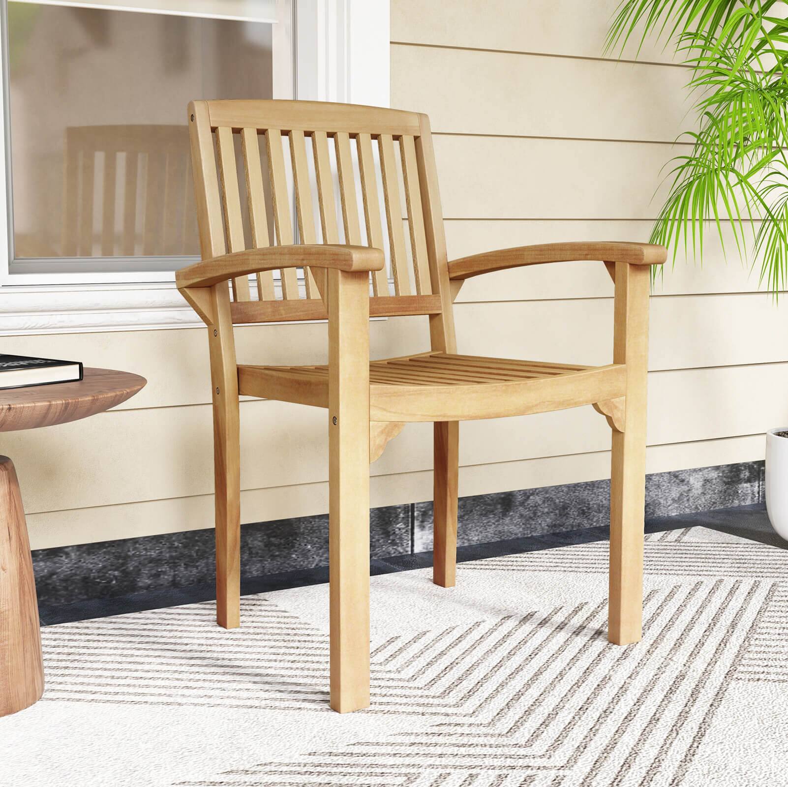 Alt View 1. Costway - Costway 1 PCS Outdoor Patio Chair Teak Wood Armchair with Slatted Seat & Curved Seat - Natural.