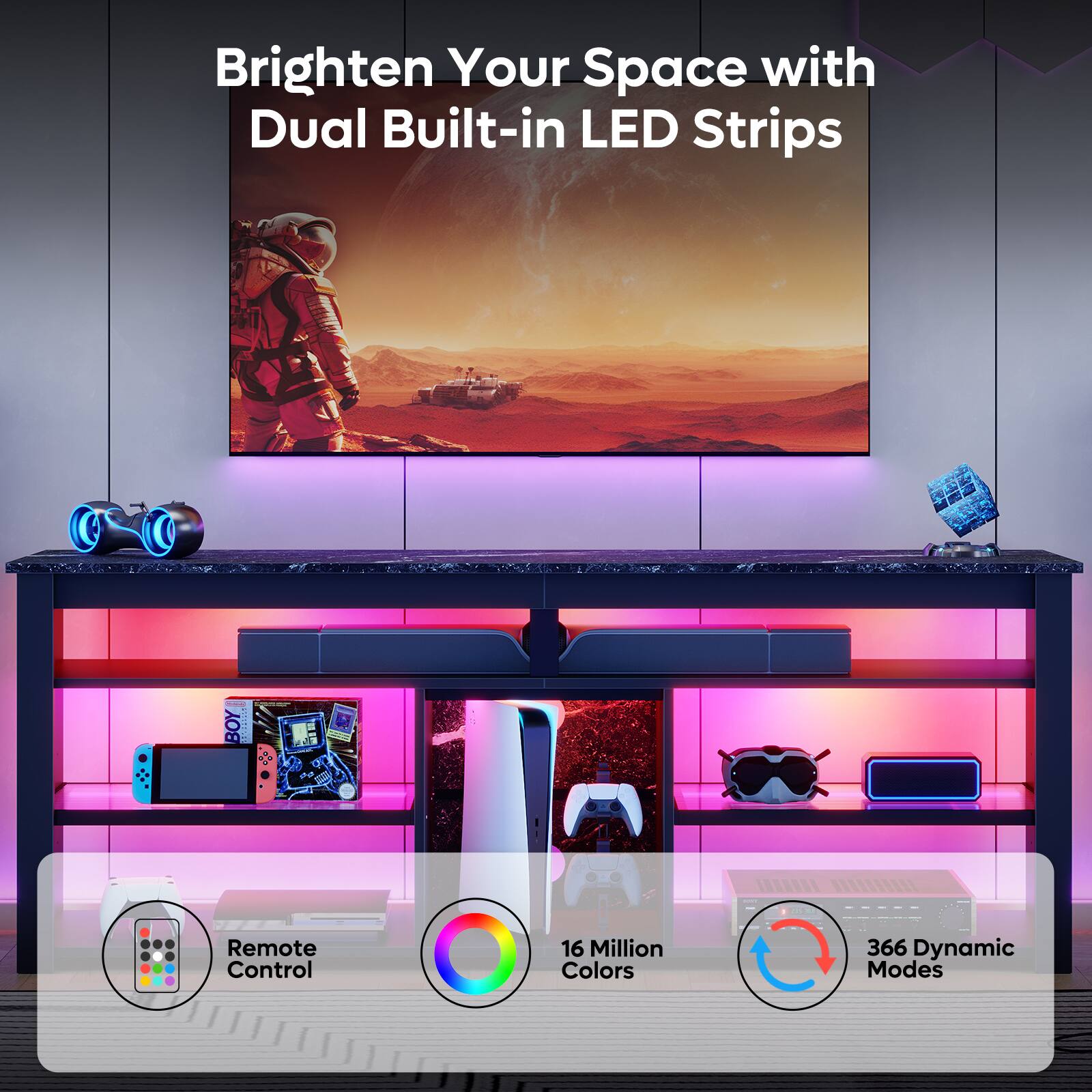 Brighten Your Space with Dual Built-in LED Strips - 16 Million Colors - 366 Dynamic Modes - Remote Control