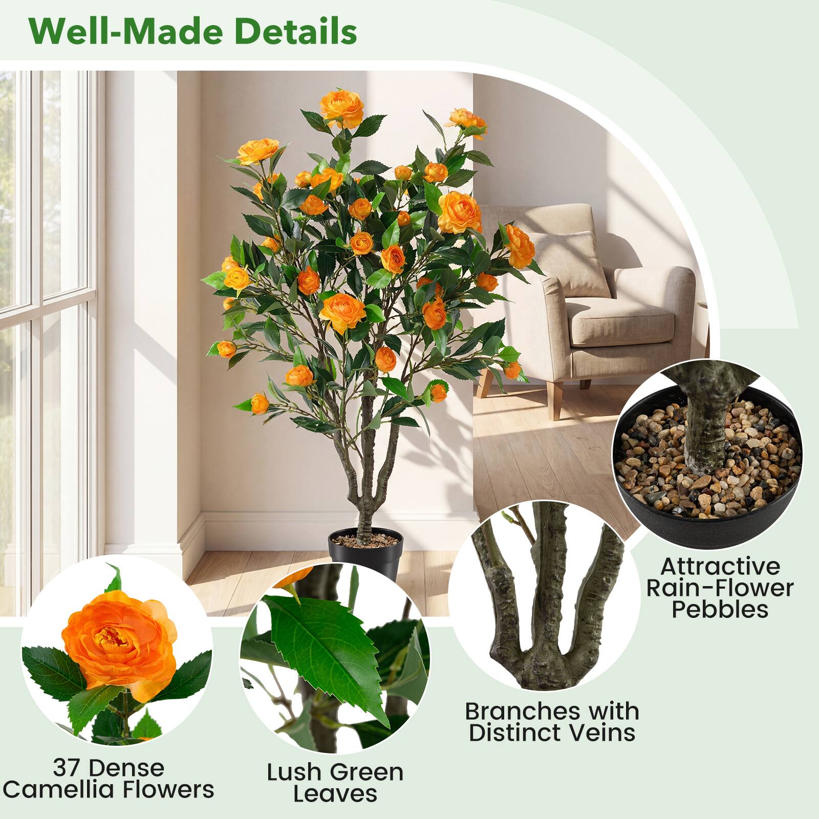 Well-Made Details

- 37 Dense Camellia Flowers
- Lush Green Leaves
- Attractive Rain-Flower Pebbles
- Branches with Distinct Veins