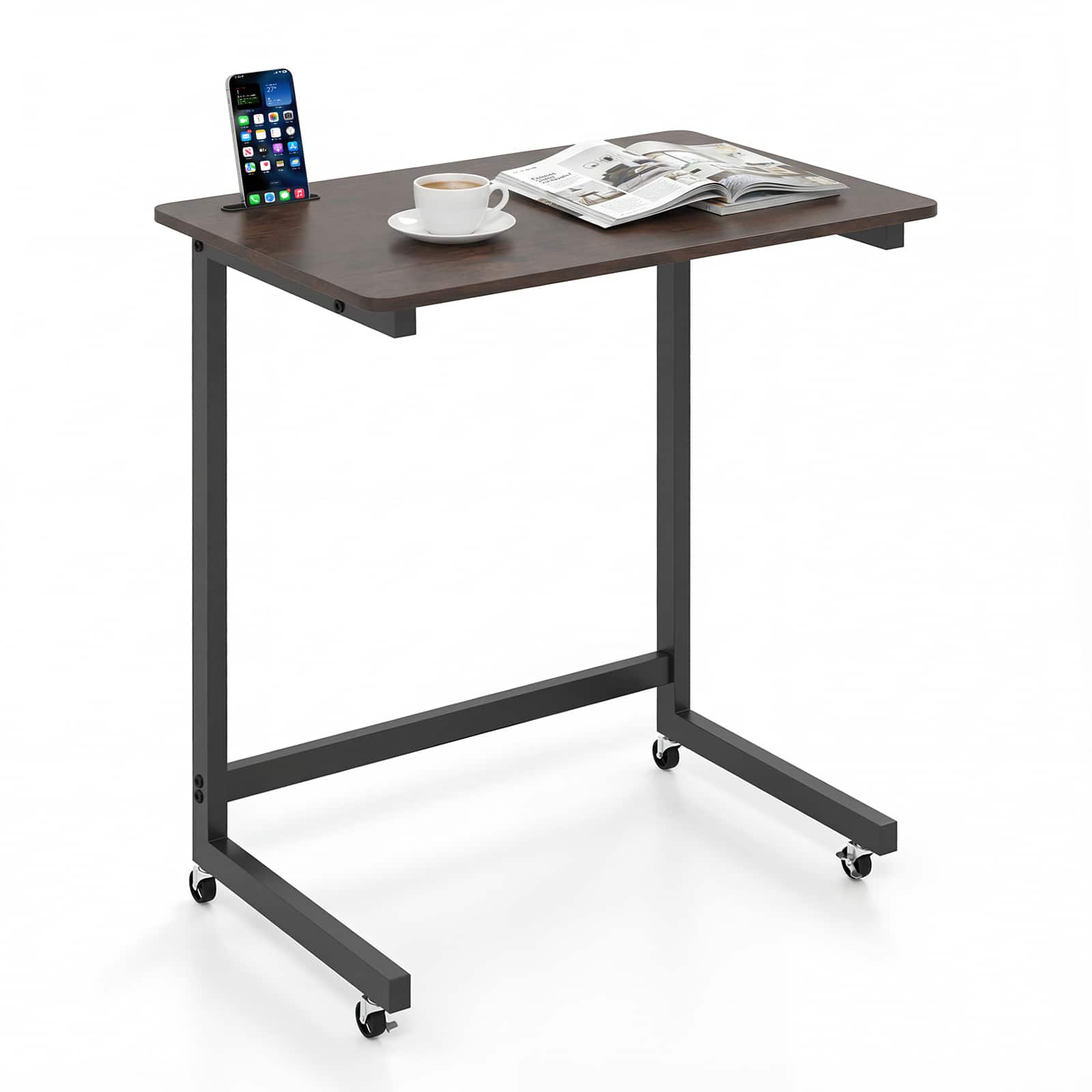 Gymax - C-shaped End Table w/Wheels Built-in Phone Slot for Living Room Bedroom - Brown