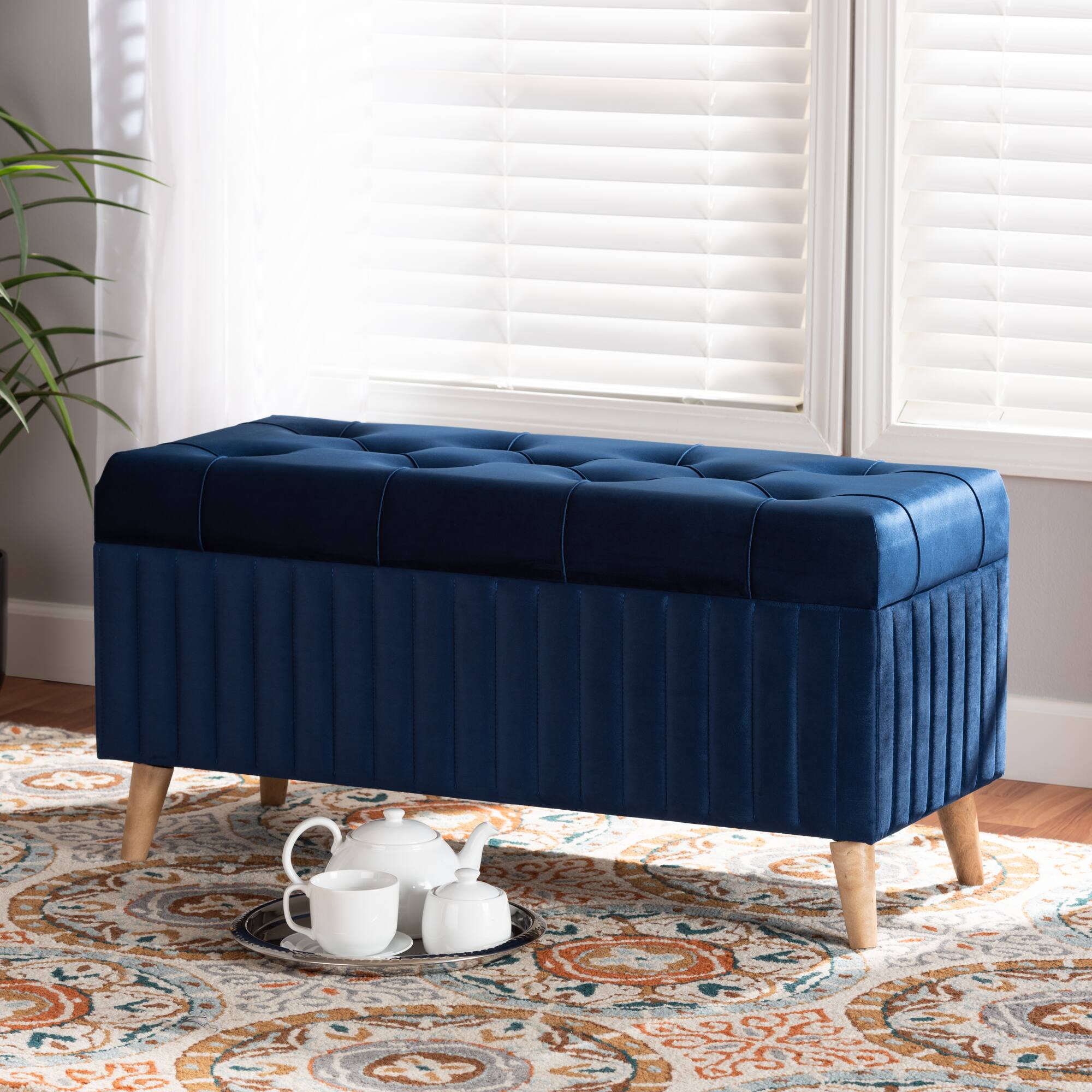 Alt View 4. Baxton Studio - Hanley Modern and Contemporary Velvet Fabric Upholstered and Walnut Brown Finished Wood Storage Ottoman - Navy Blue/Walnut Brown.
