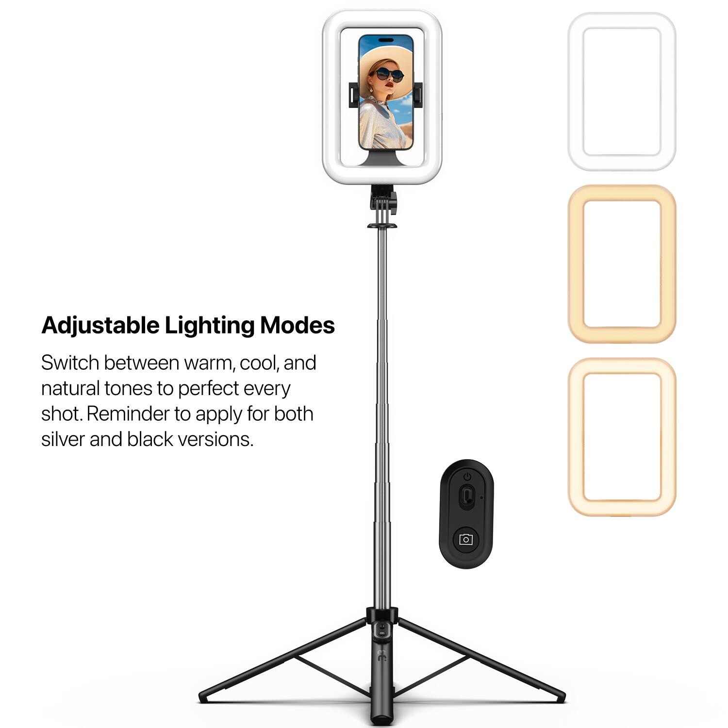 Adjustable Lighting Modes

Switch between warm, cool, and natural tones to perfect every shot. Reminder to apply for both silver and black versions.