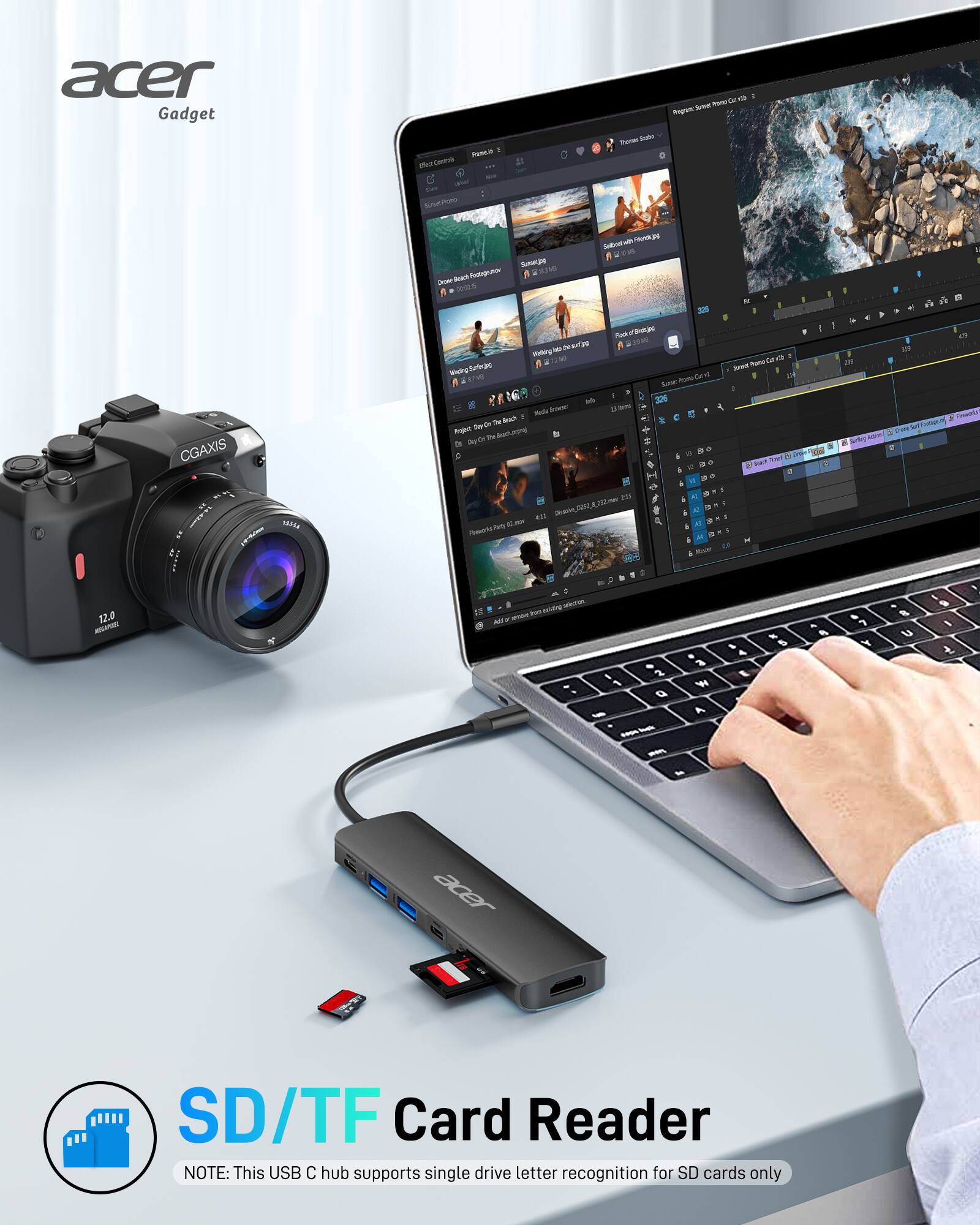 acer Gadget

SD/TF Card Reader

NOTE: This USB C hub supports single drive letter recognition for SD cards only