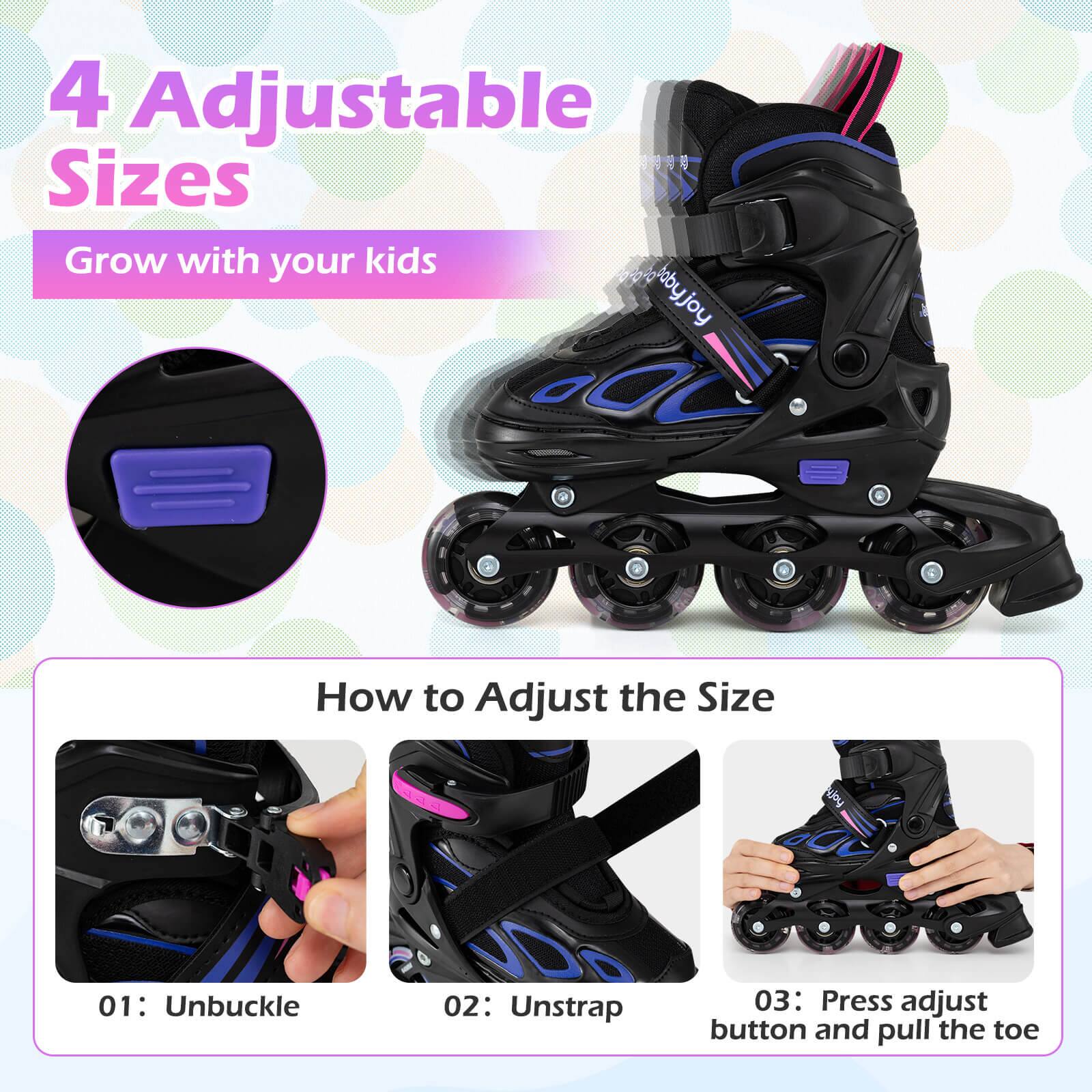 4 Adjustable Sizes  
Grow with your kids  

How to Adjust the Size  
01: Unbuckle  
02: Unstrap  
03: Press adjust button and pull the toe
