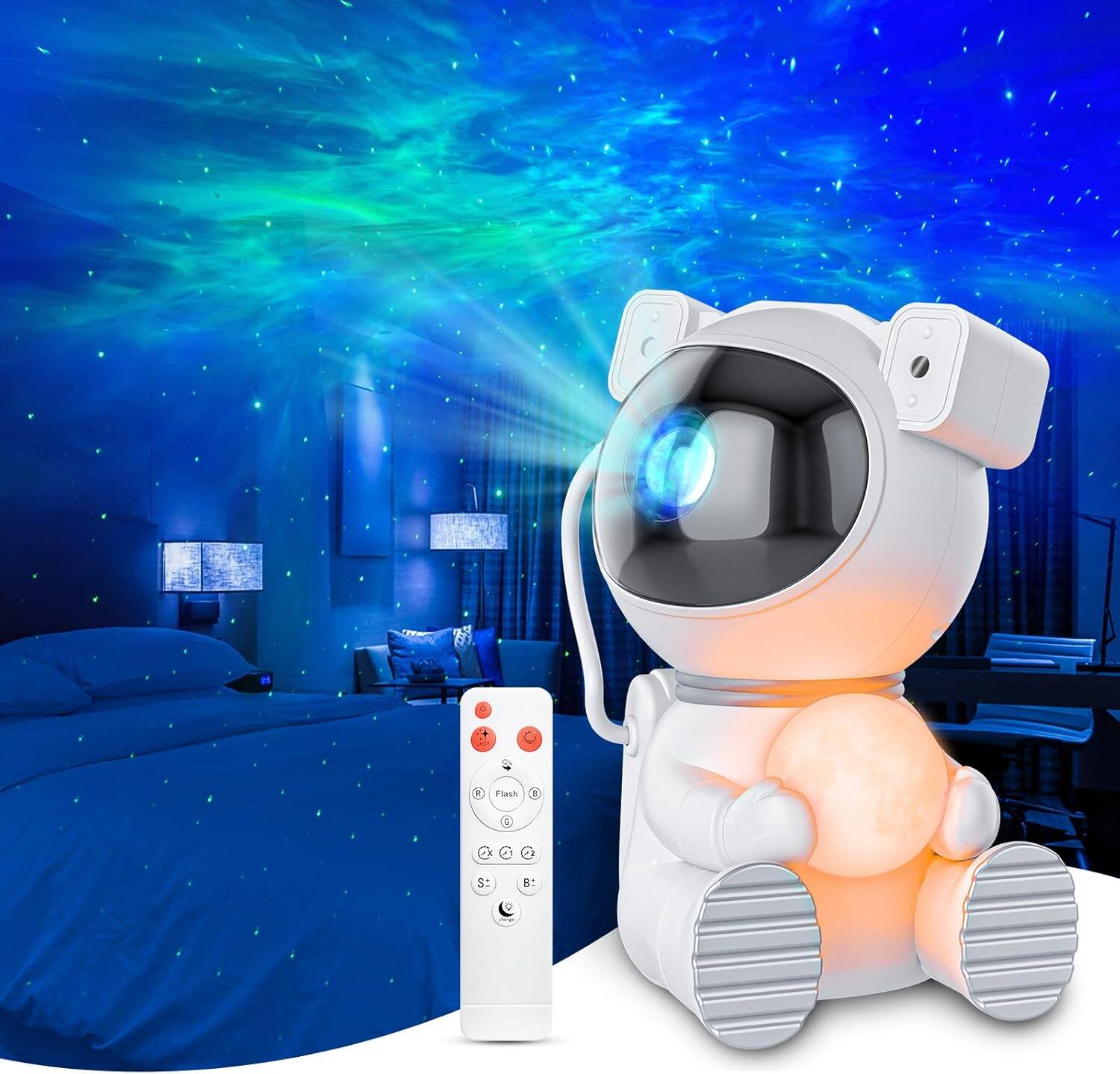 Front. AENKYO - Astronaut Galaxy Projector, Star Projector with Timer and Remote, Night Light with Moon Lamp for Kids, Room Decor Gift.