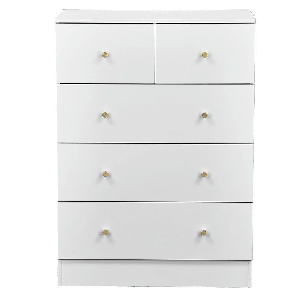 Alt View 4. Kadyn - 5-Drawer Cabinet, 3+2 Storage Dresser with Matte Gold Handles & Hemp Finish - White - White.
