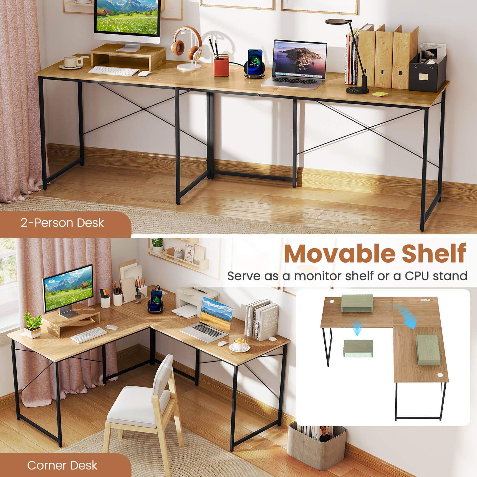 2-Person Desk, Corner Desk, Movable Shelf, Serve as a monitor shelf or a CPU stand