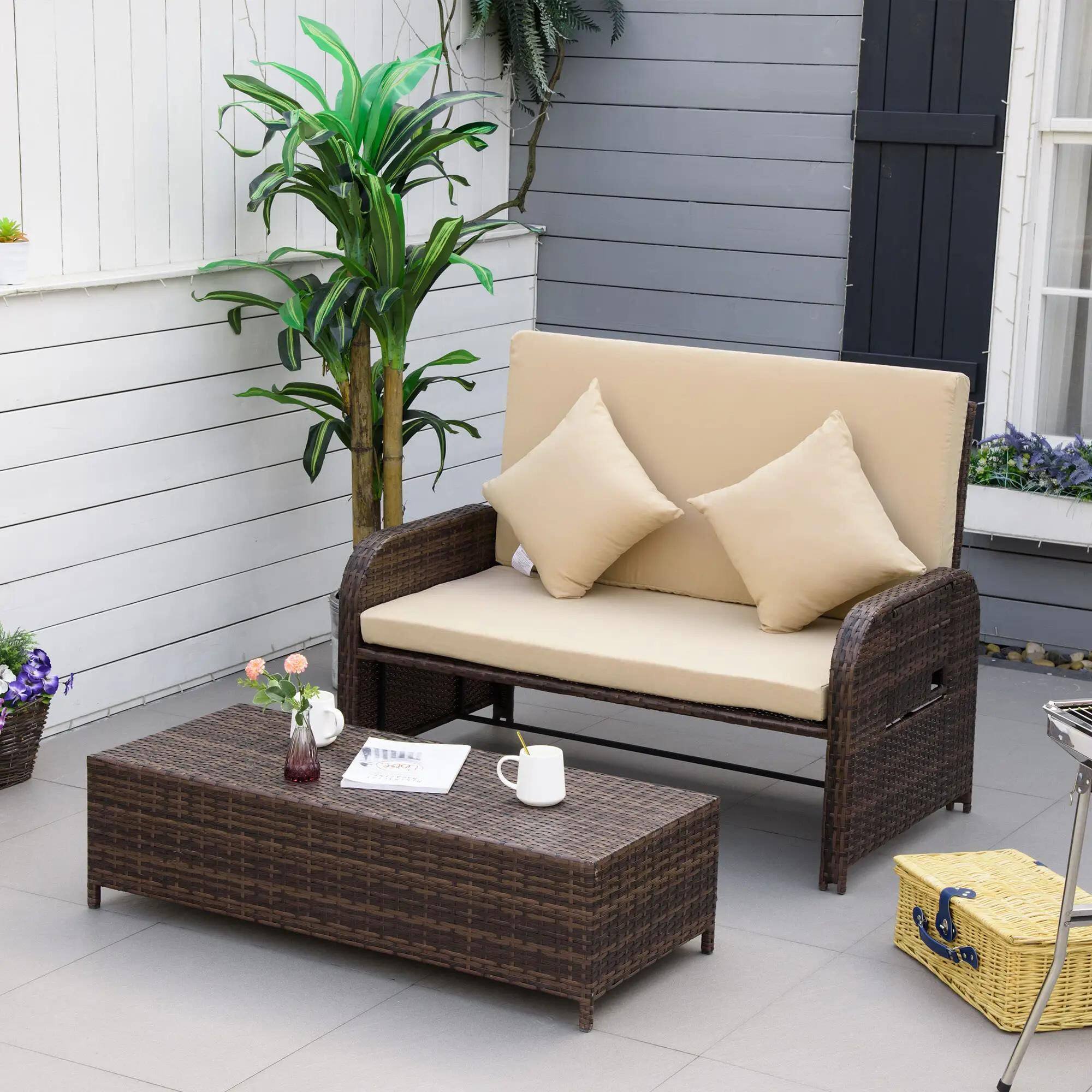 Alt View 7. Resenkos - Resenkos Outdoor Loveseat Sofa Set, PE Rattan, Beige - Beige.