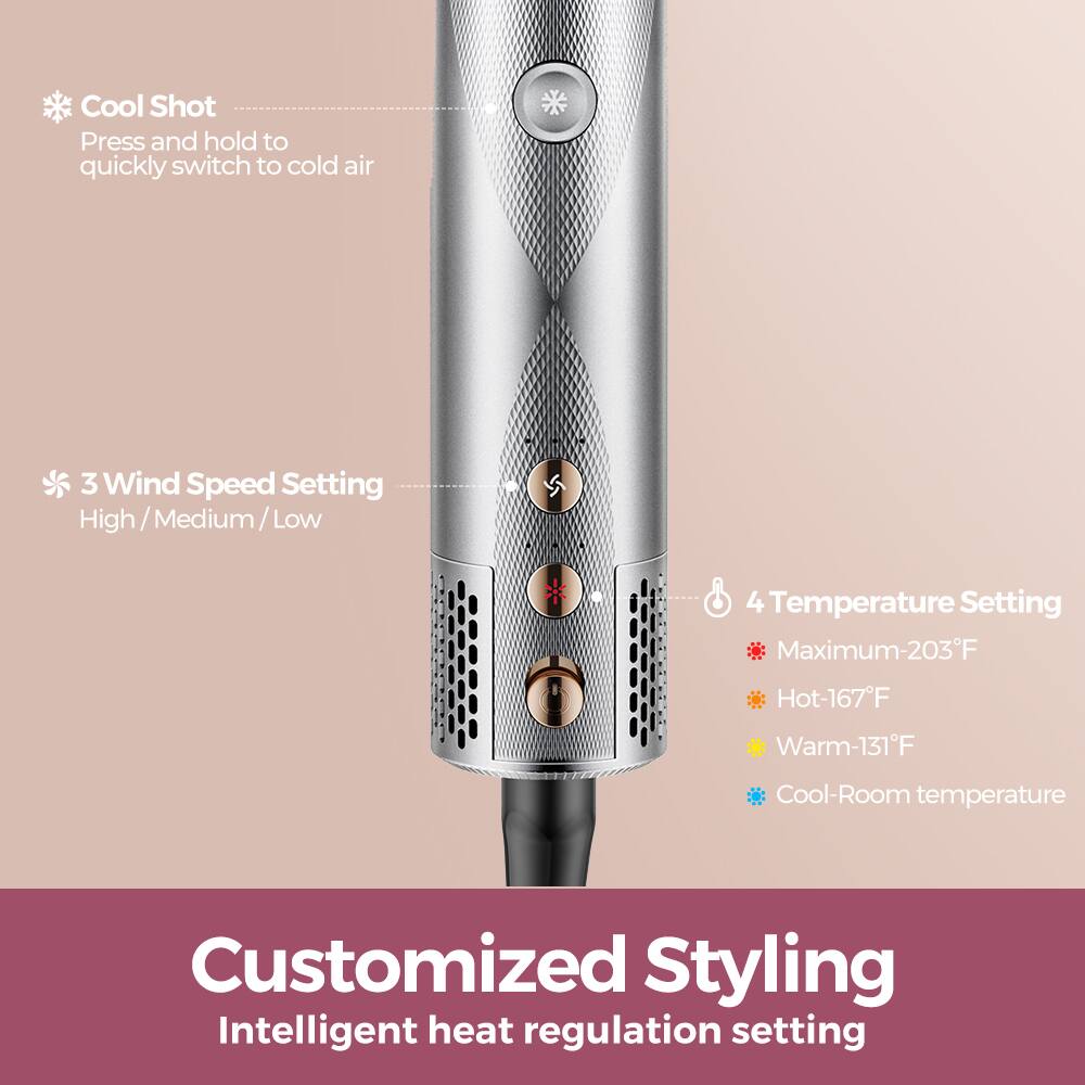 Cool Shot  
Press and hold to quickly switch to cold air  

3 Wind Speed Setting  
High / Medium / Low  

4 Temperature Setting  
Maximum-203°F  
Hot-167°F  
Warm-131°F  
Cool-Room temperature  

Customized Styling  
Intelligent heat regulation setting