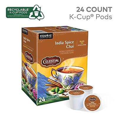 RECYCLABLE K-CUP® PODS  
24 COUNT  
KEURIG® K-Cup® Pods  

CELESTIAL CELESTIAL  
India Spice Chai  
Naturally and Artificially Flavored  

India Spice Chai  
Black Tea  
24 Count