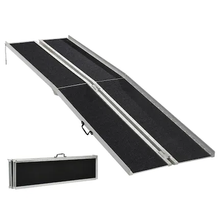 Front. Homcom - 10' Skidproof Portable Wheelchair Ramp for Home, Steps, Doorways, Carpeted Foldable Handicap Ramp - Black.