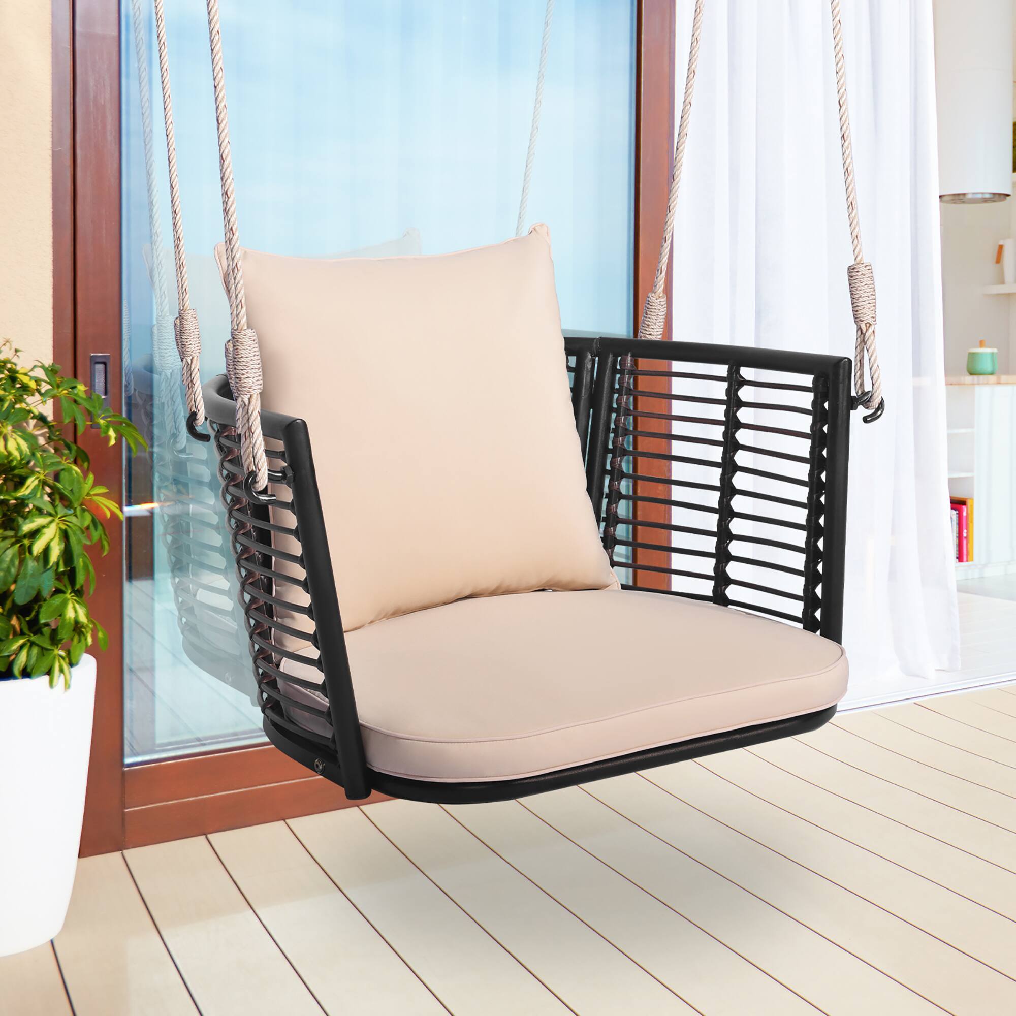 Alt View 1. Gymax - Gymax Outdoor Metal Porch Swing Single Person Hanging Seat w/ Woven Rattan Backrest Porch Backyard - Mix Brown, Beige.