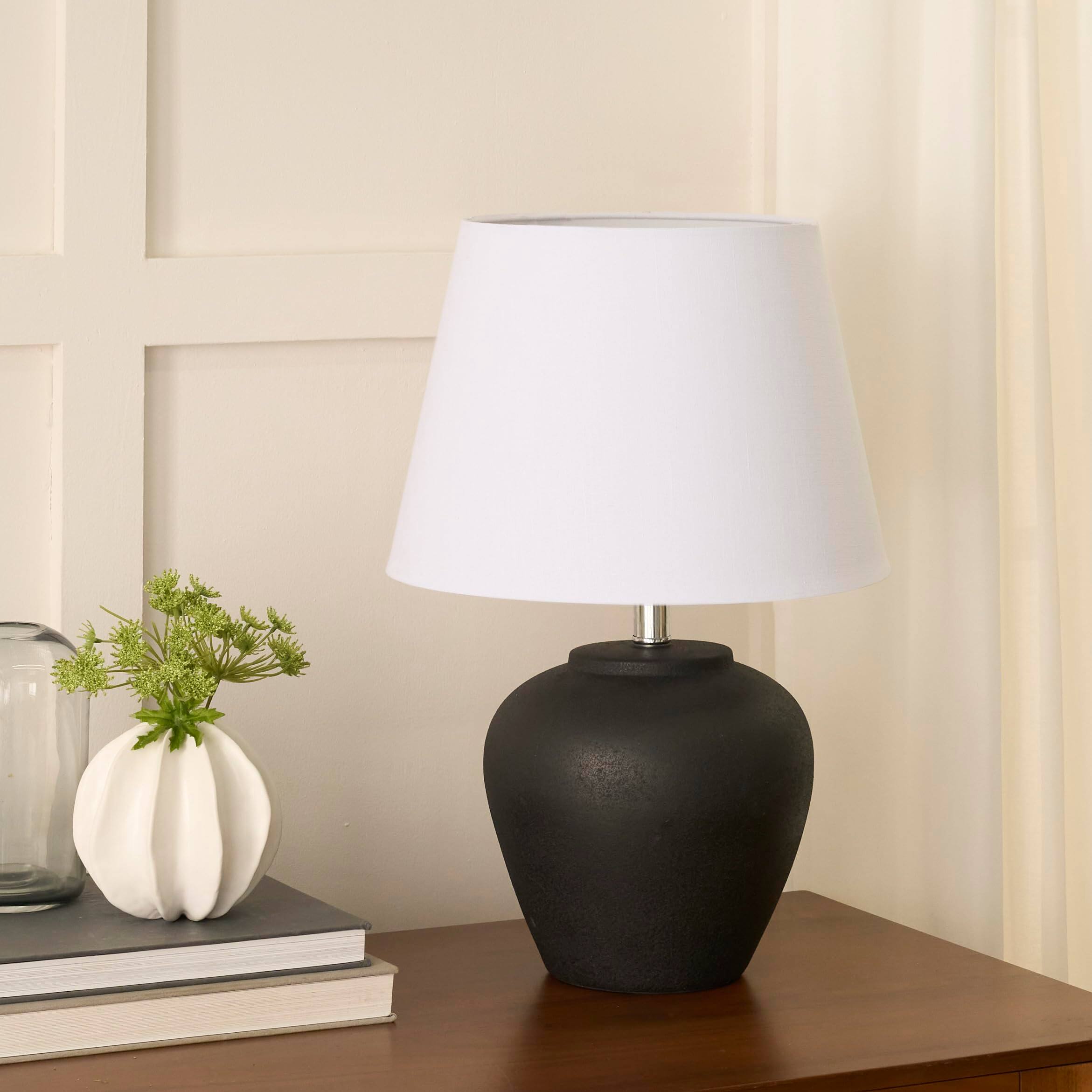 HM 1810 - Nourison Home Sand Light Beige Ceramic Pot Table Lamp Bedroom Living Room Console Entryway Dimensions: 14-in - Black