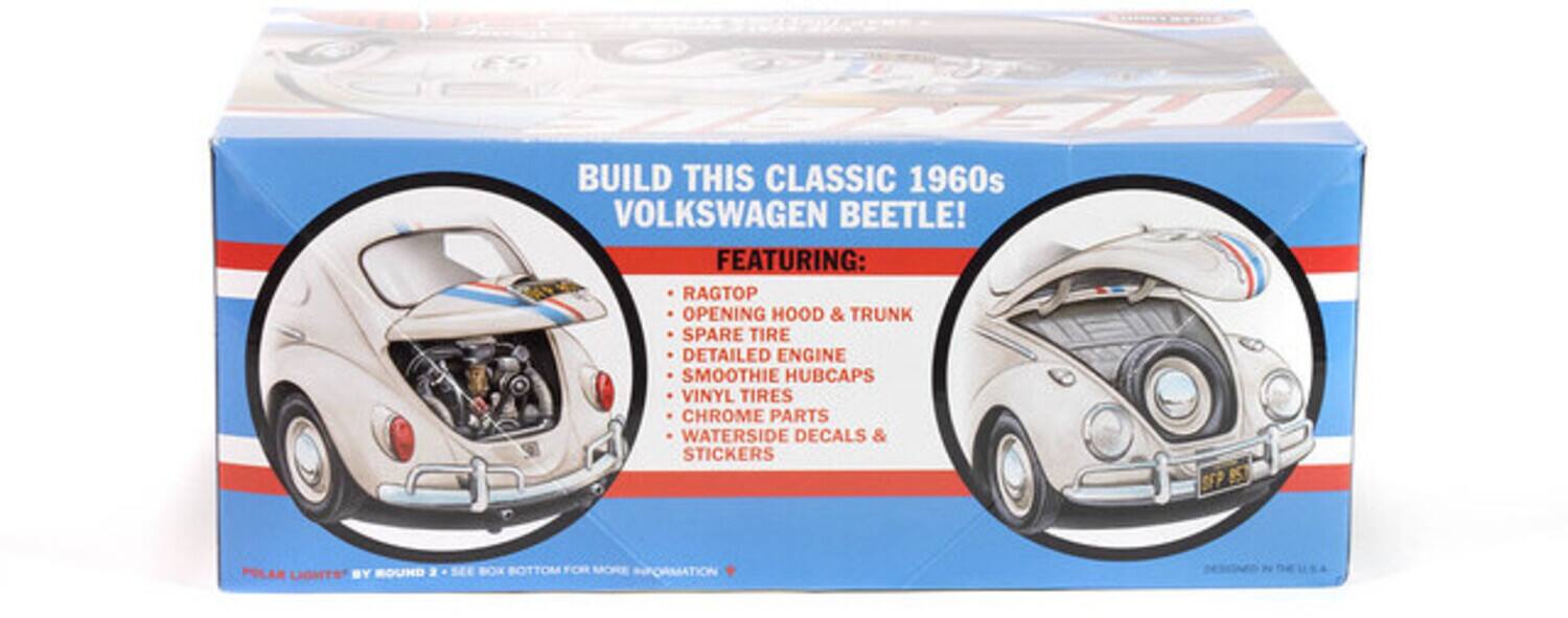BUILD THIS CLASSIC 1960s VOLKSWAGEN BEETLE!  
FEATURING:  
- RAGTOP  
- OPENING HOOD & TRUNK  
- SPARE TIRE  
- DETAILED ENGINE  
- SMOOTHIE HUBCAPS  
- VINYL TIRES  
- CHROME PARTS  
- WATERSIDE DECALS & STICKERS  

POLAR LIGHTS BY ROUND 3 - SEE BOX BOTTOM FOR MORE INFORMATION