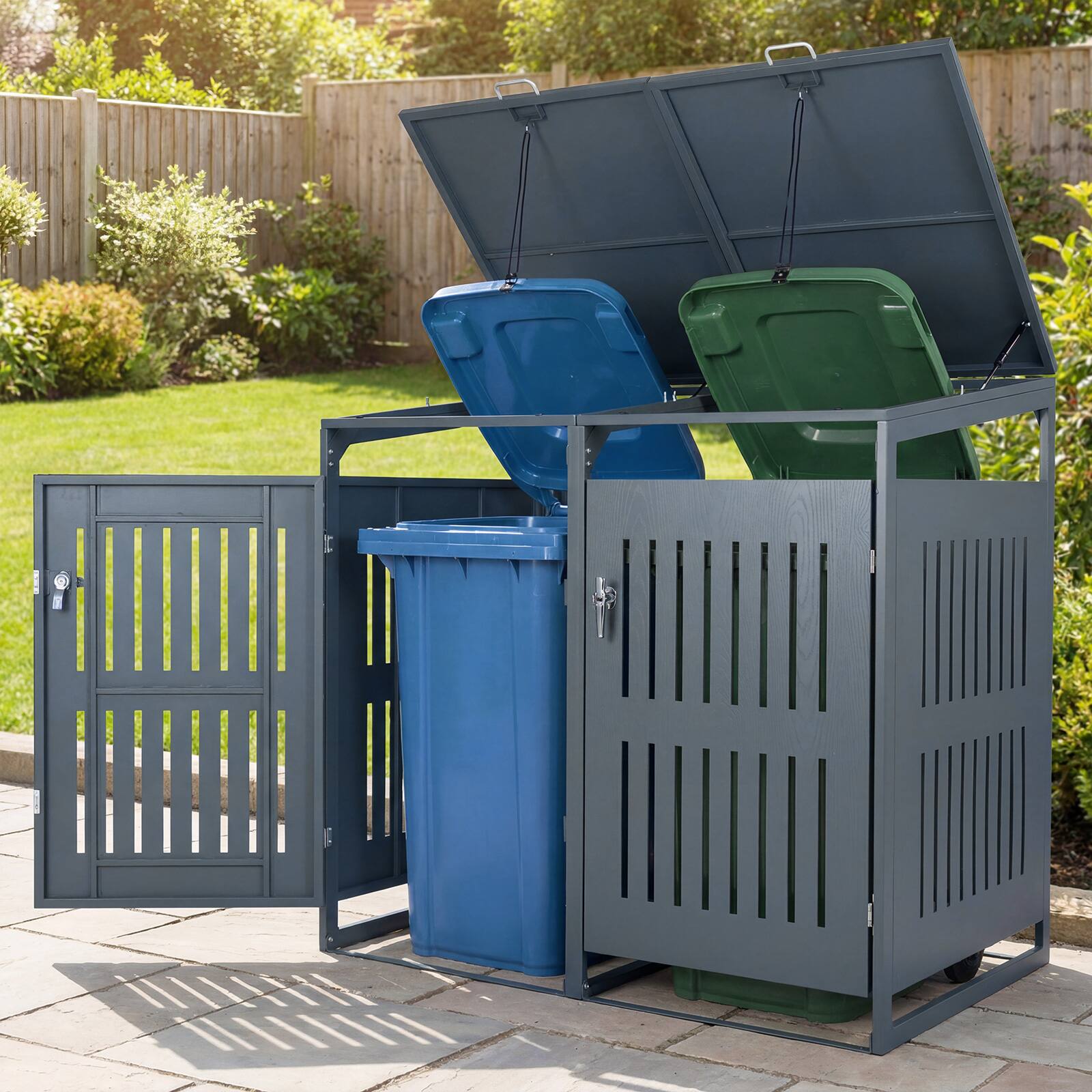 Alt View 3. Costway - Costway 44 CU.FT Outdoor Trash Can Storage Shed with Gas Struts, Shock Absorbers for 2 Bins - Dark Gray.