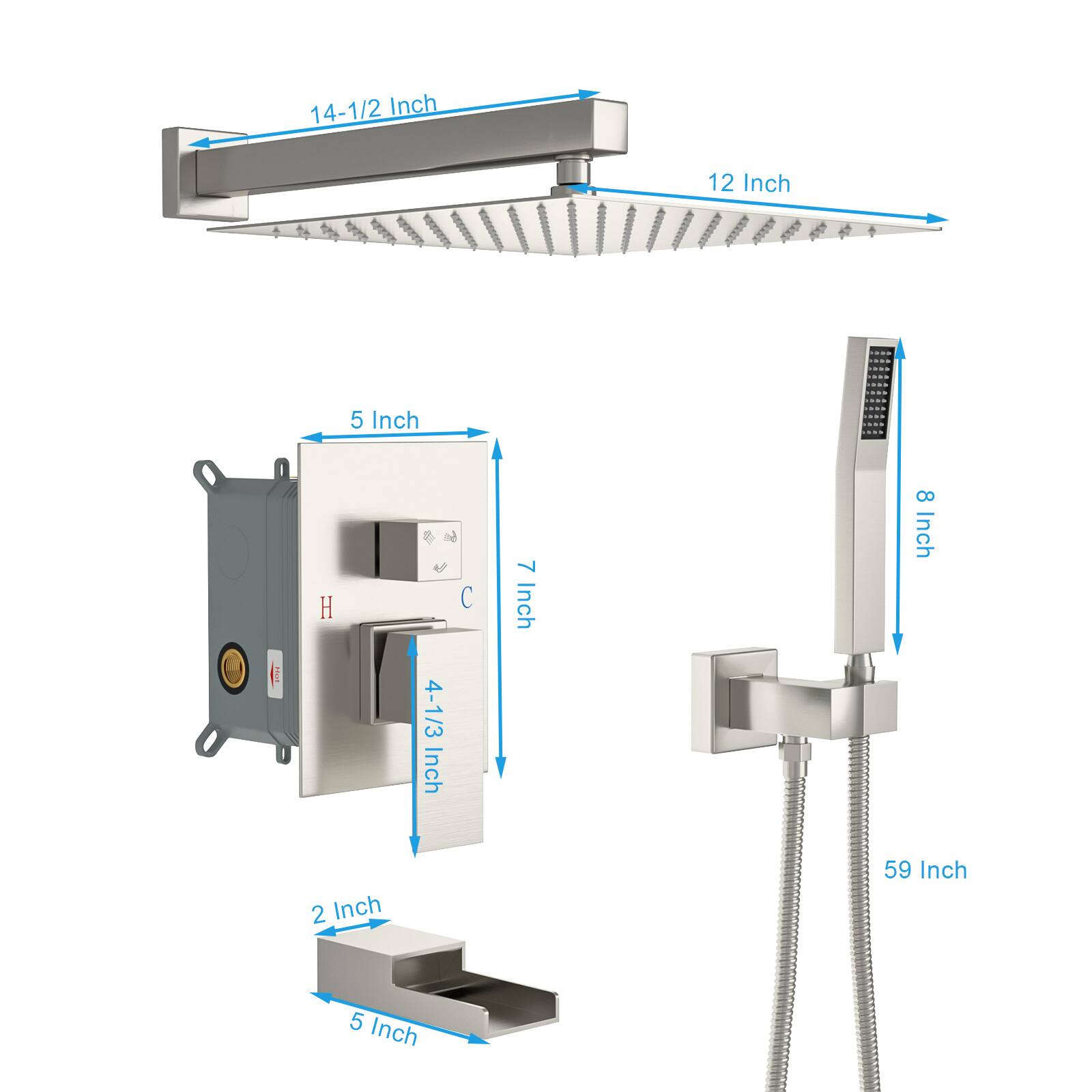 14-1/2 Inch  
12 Inch  
5 Inch H  
4-1/3 Inch  
7 Inch  
8 Inch  
2 Inch  
59 Inch  
5 Inch