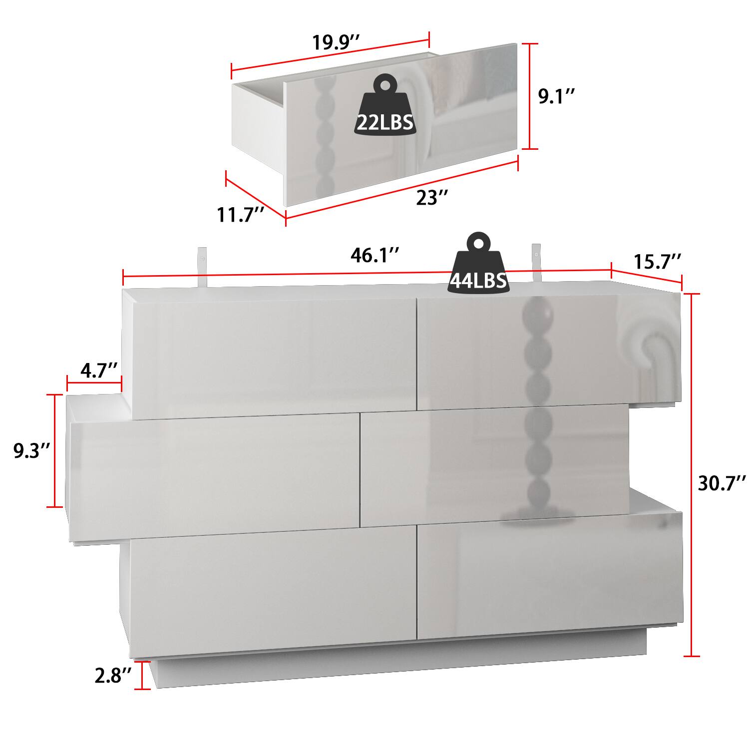 19.9" 22LBS 9.1" 11.7" 23" 46.1" 44LBS 15.7" 4.7" 9.3" 30.7" 2.8"