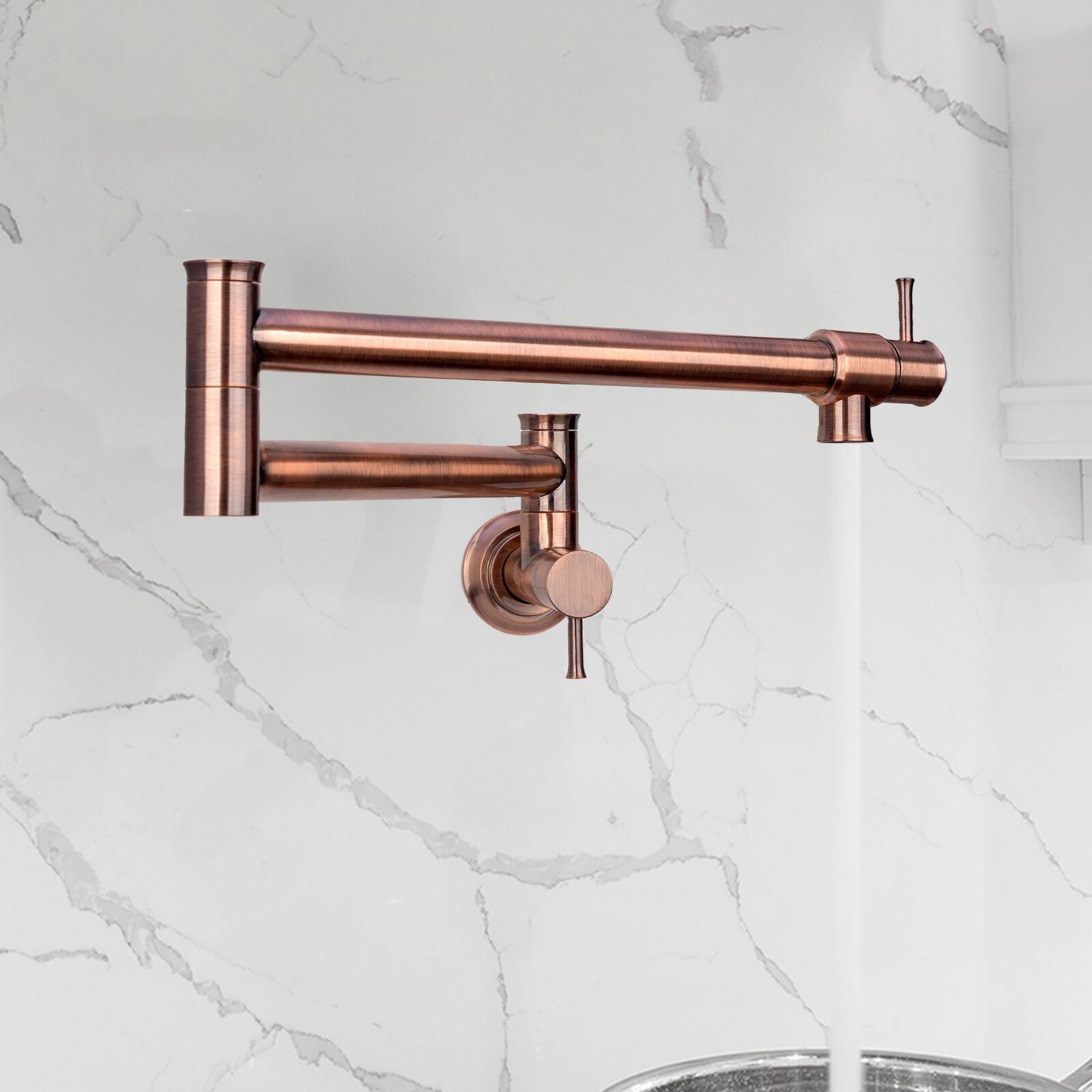 Alt View 3. Akicon - Akicon Solid Brass Wall-Mounted Pot Filler Kitchen Faucet with Double Joint Swing Arms for Stovetop in Antique Copper - Antique Copper.