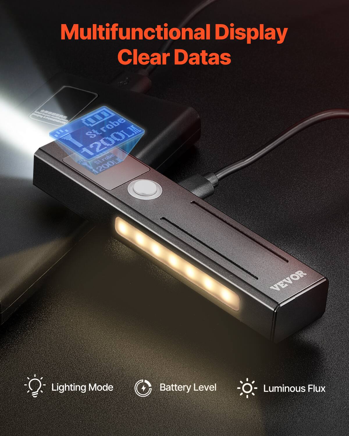Multifunctional Display Clear Datas

- Lighting Mode
- Battery Level
- Luminous Flux
