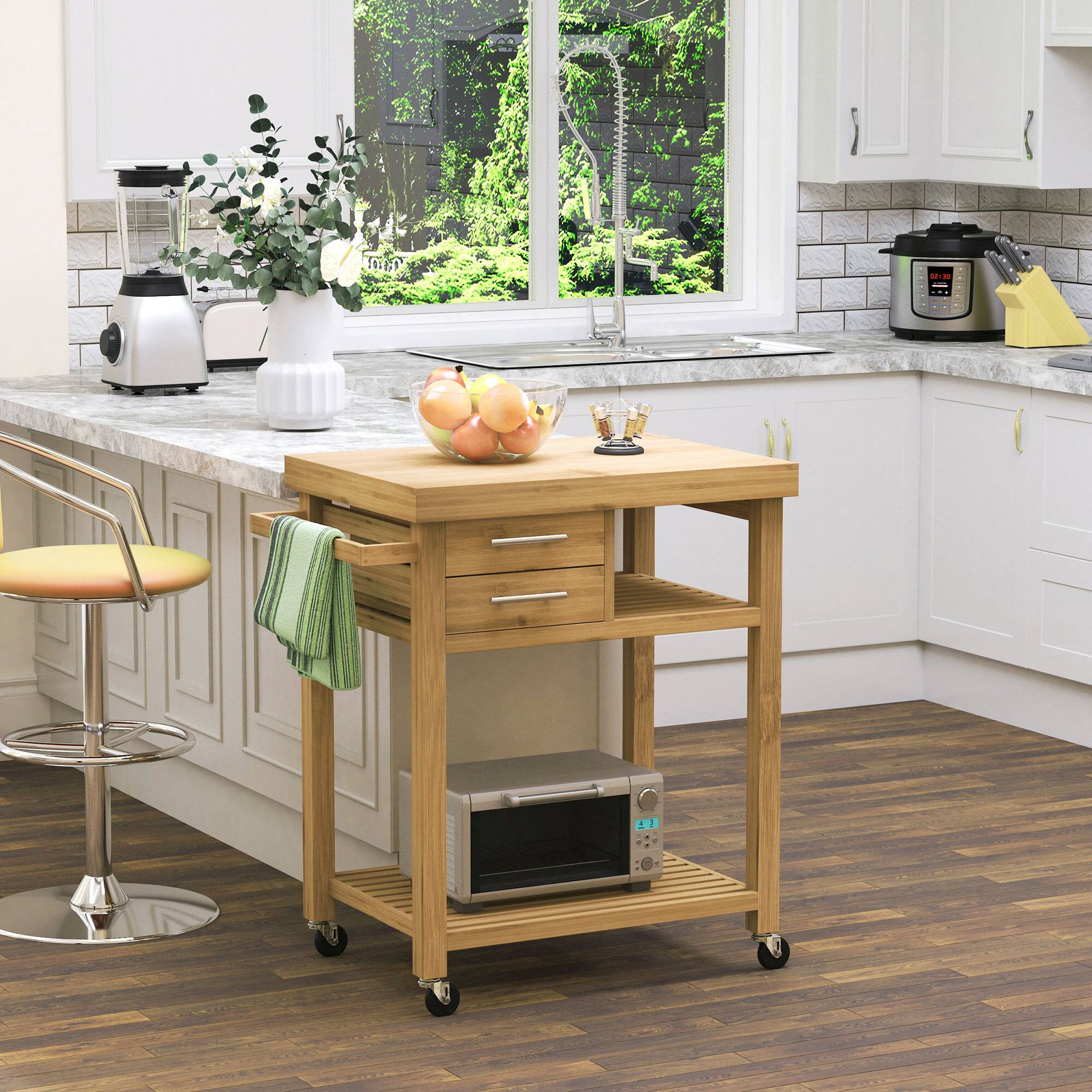 Alt View 1. Homcom - Bamboo Kitchen Island Cart on Wheels, Utility Trolley Cart with 2 Storage Drawers and Open Shelves, Bamboo Tone - Vintage Natural.