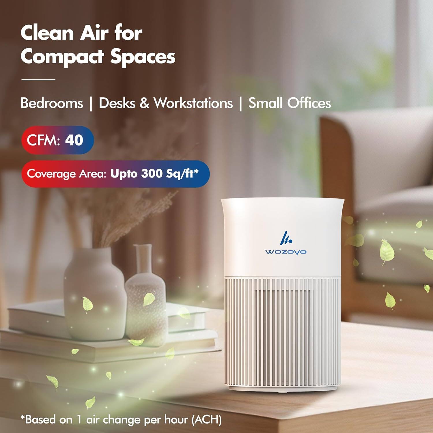 Clean Air for Compact Spaces  
Bedrooms | Desks & Workstations | Small Offices  
CFM: 40  
Coverage Area: Upto 300 Sq/ft*  
*Based on 1 air change per hour (ACH)