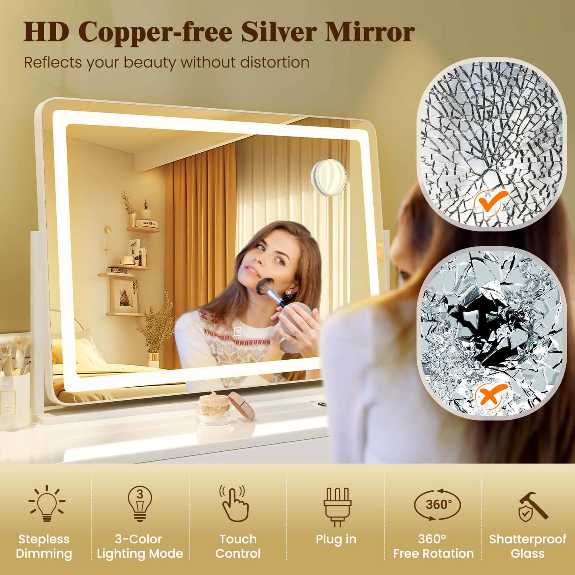 HD Copper-free Silver Mirror  
Reflects your beauty without distortion  

- Stepless Dimming  
- 3-Color Lighting Mode  
- Touch Control  
- Plug in  
- 360° Free Rotation  
- Shatterproof Glass