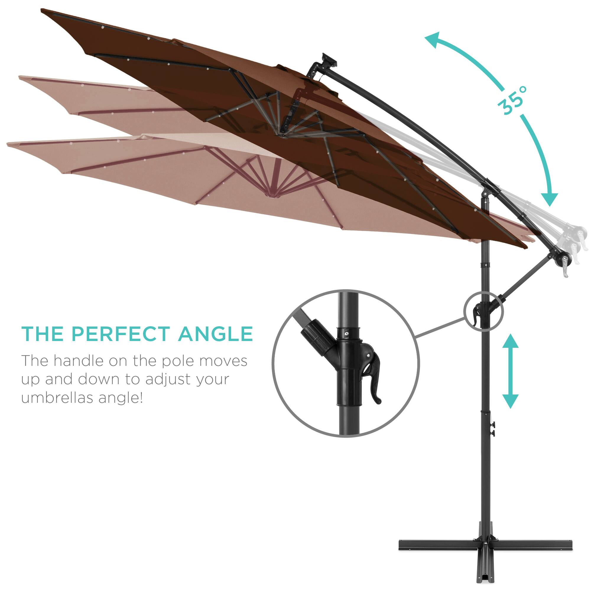 THE PERFECT ANGLE

The handle on the pole moves up and down to adjust your umbrella's angle!